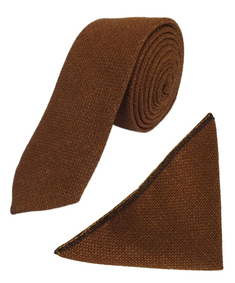 Boys & Men's Slim Tweed Tie and Pocket Square Set - Cinnamon Brown - Image 4