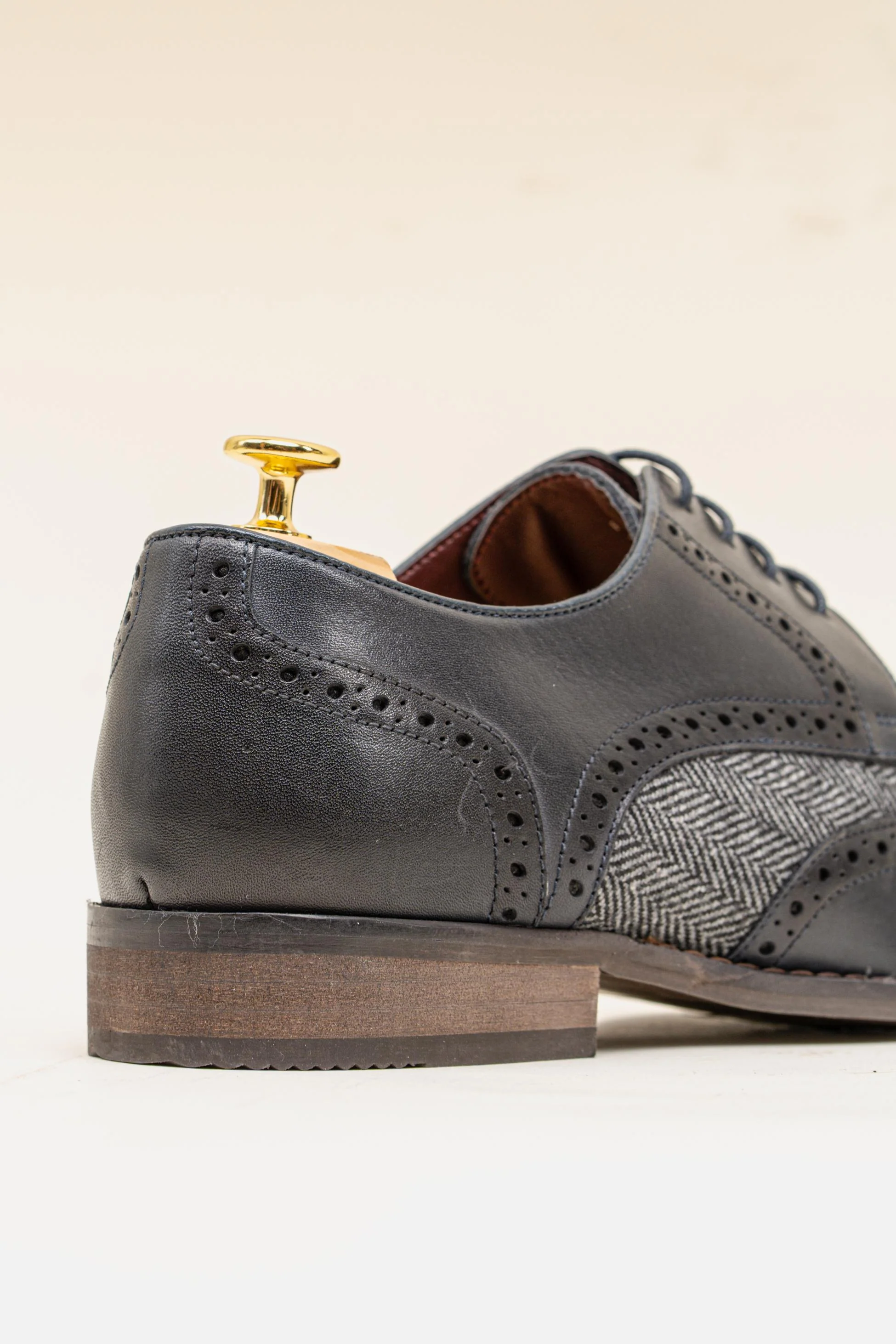 Men's Genuine Leather & Tweed Brogue Shoes - FARO - Navy Blue - Image 3