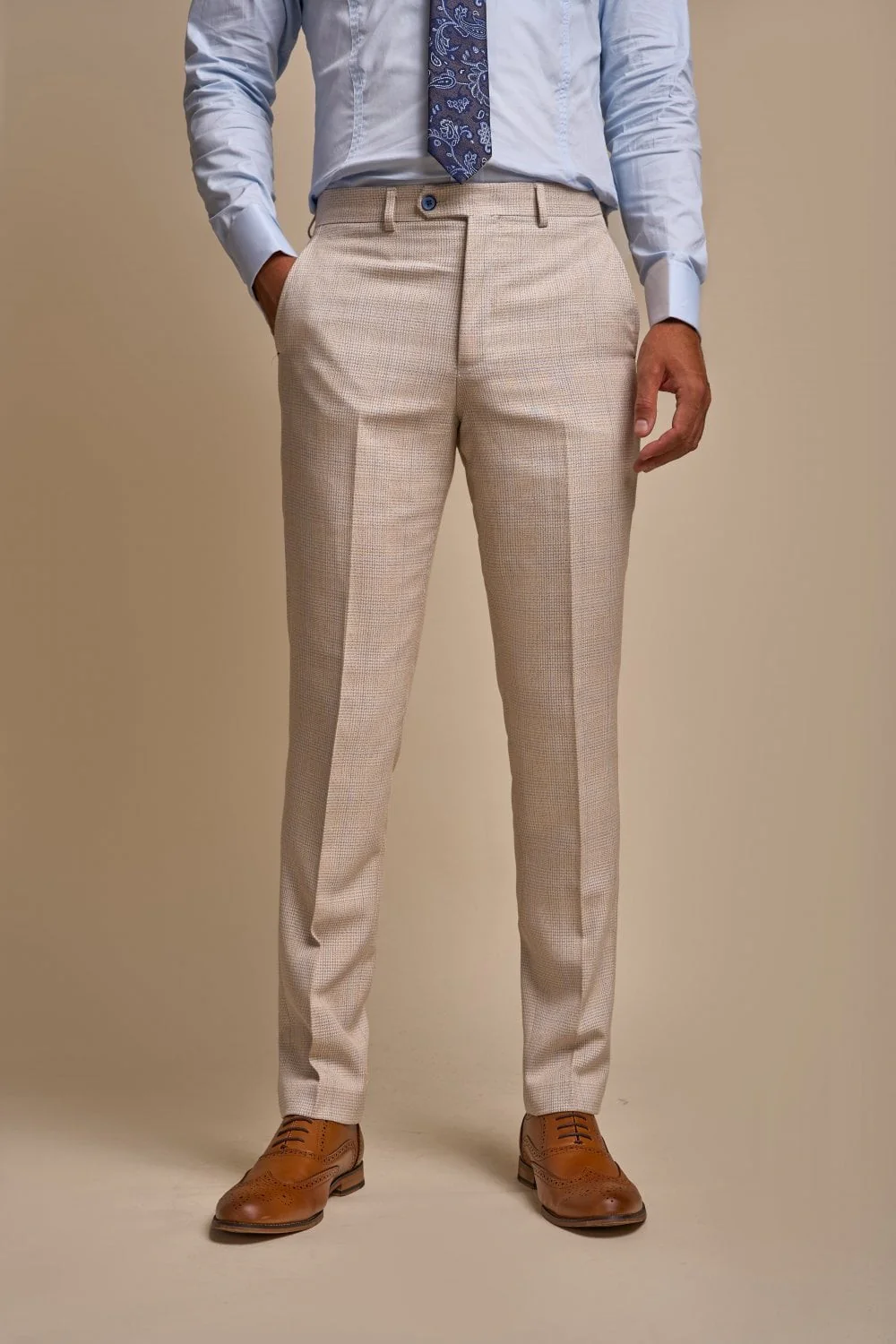 Men's 2-Piece Glen Check Double Breasted Suit - CARIDI - Beige - Image 6