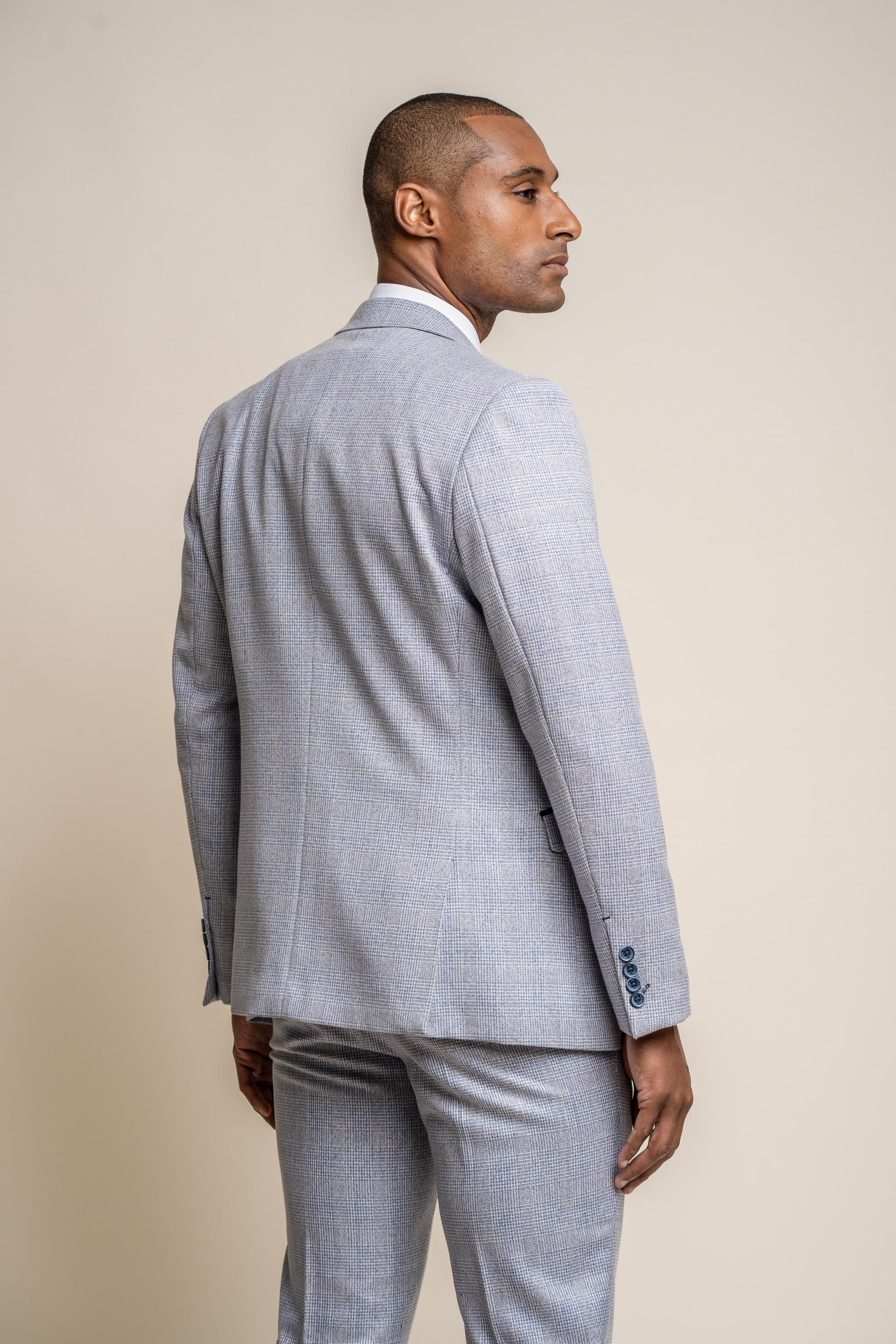 Men's Tweed Glen Check Slim Fit Suit Jacket - CARIDI - Blue - Image 3