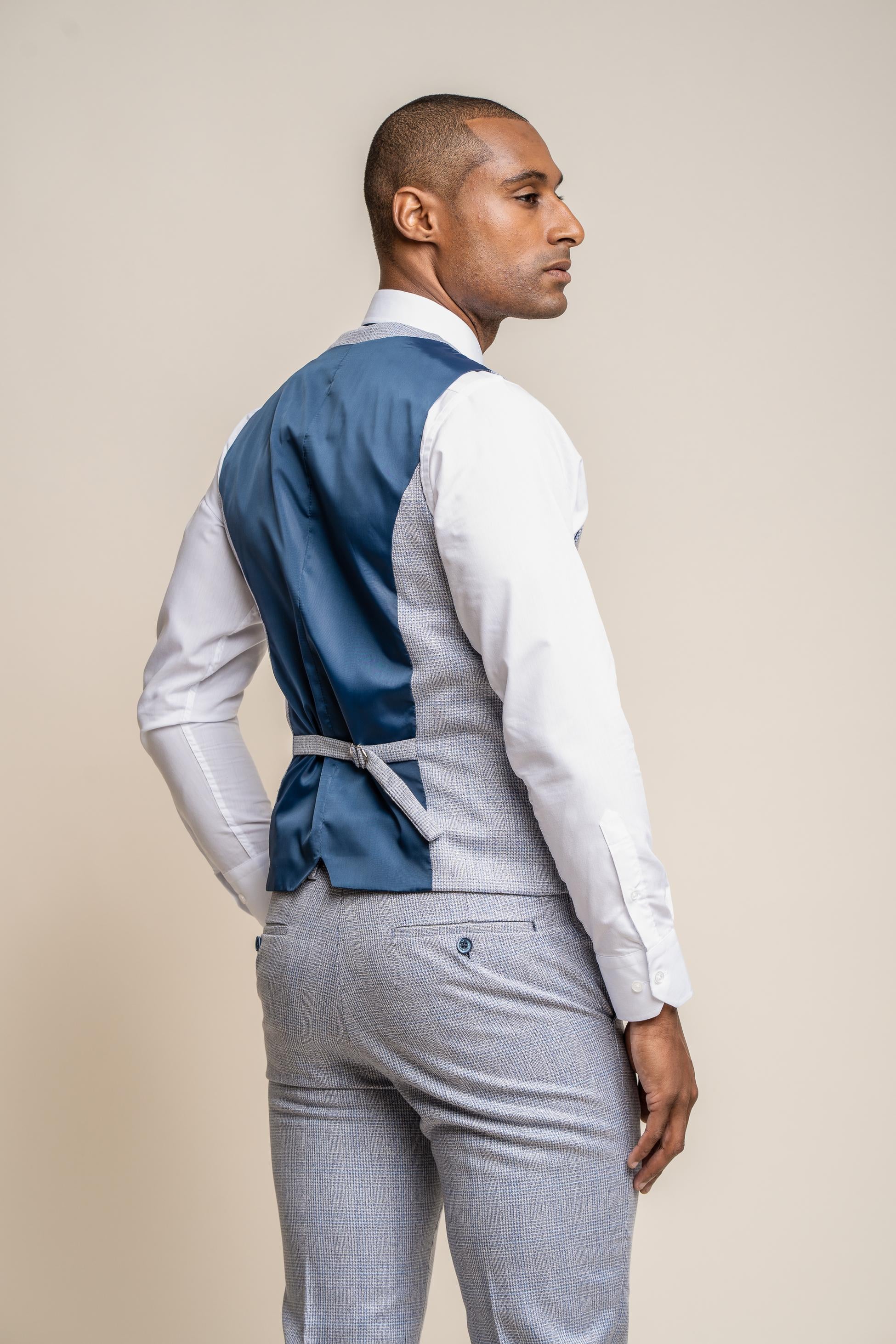 Men's Tweed Glen Check Slim Fit Formal Waistcoat - CARIDI - Blue - Image 3