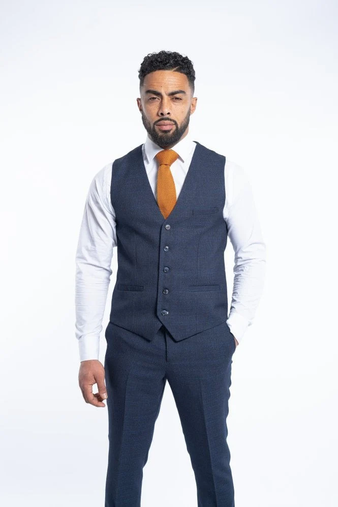 Men's Tweed Glen Check Slim Fit Formal Waistcoat - CARIDI - Navy Blue - Image 5