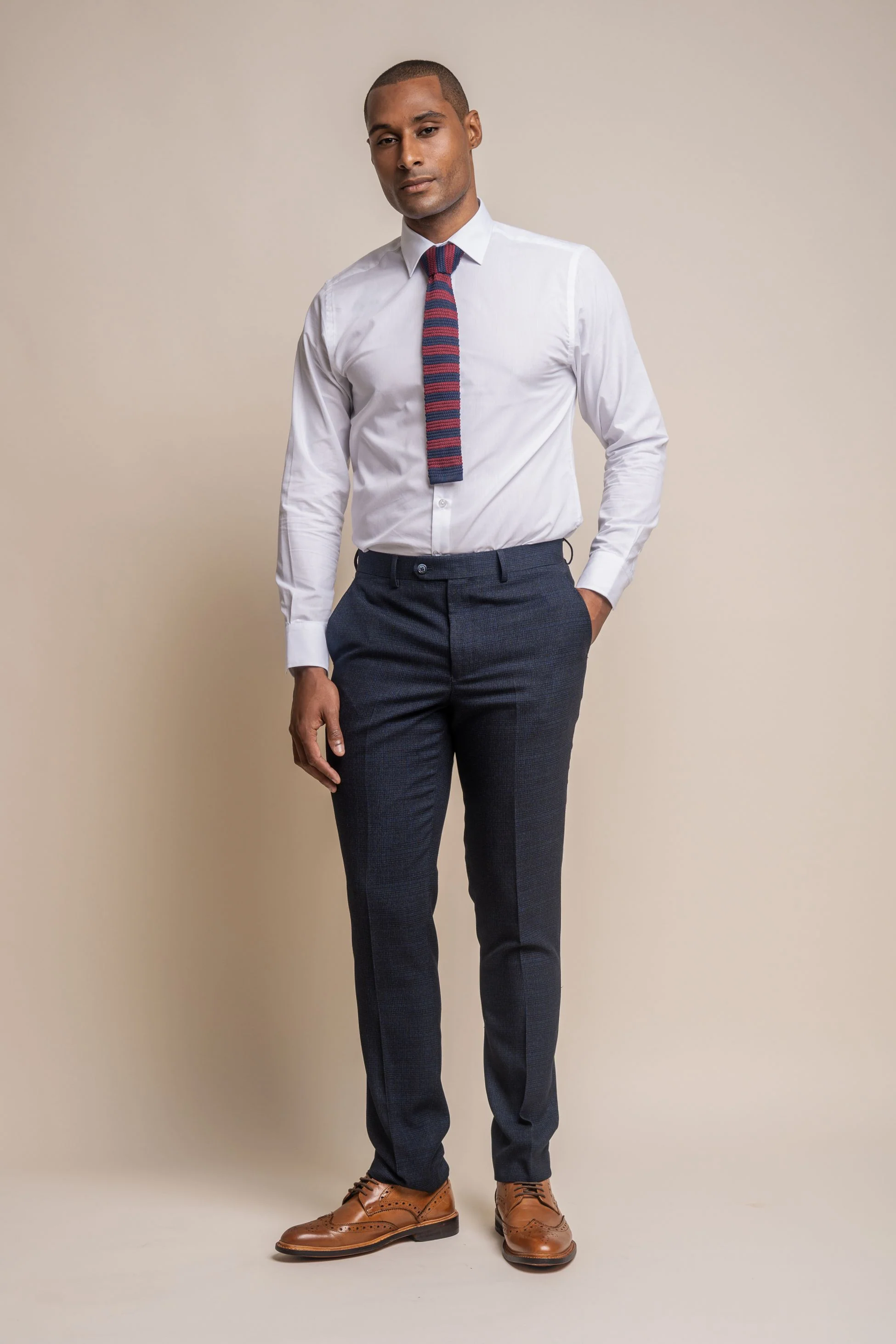 Men's Tweed Glen Check Slim Fit Trousers - CARIDI - Navy Blue - Image 2