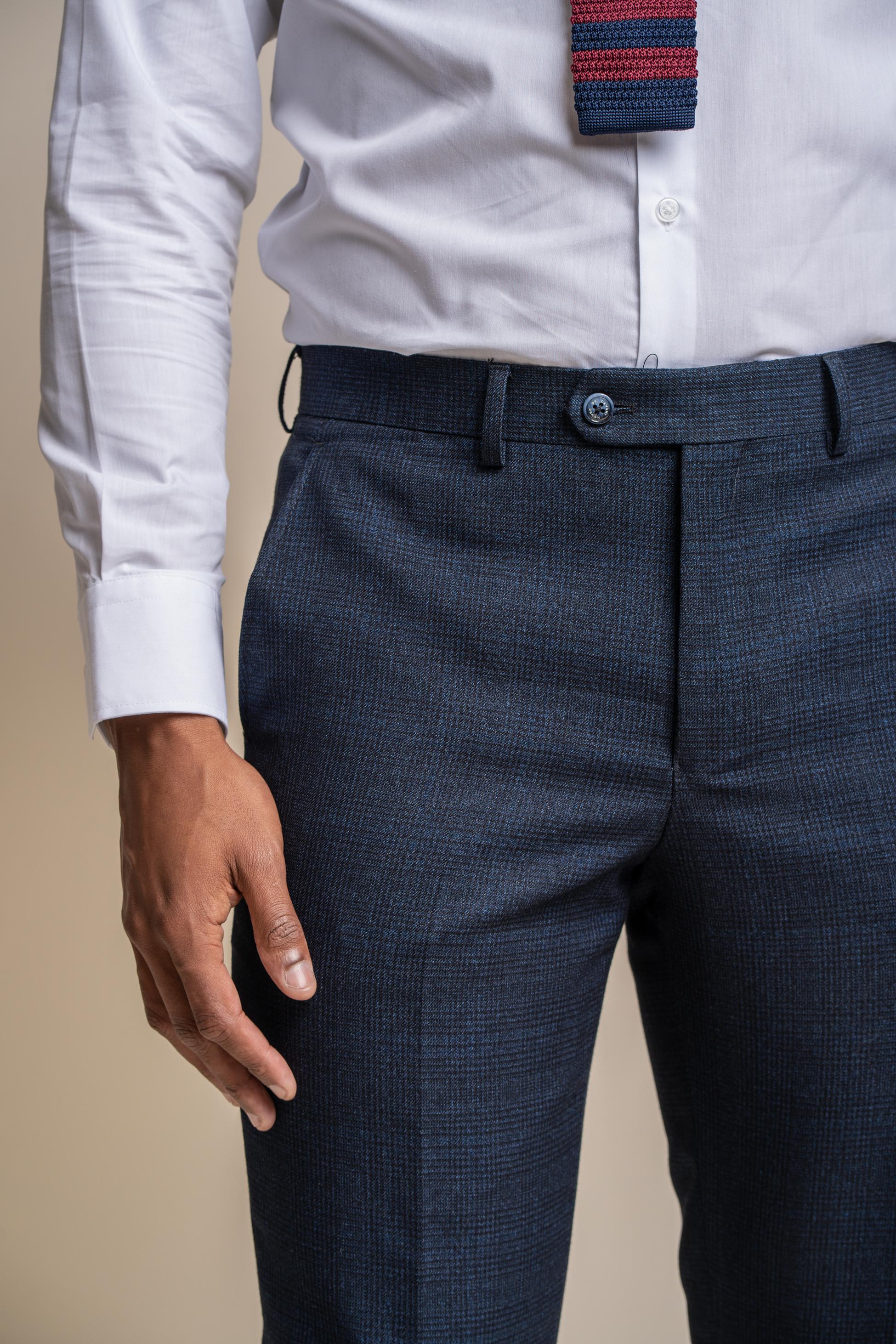 Men's Tweed Glen Check Slim Fit Trousers - CARIDI - Navy Blue - Image 4