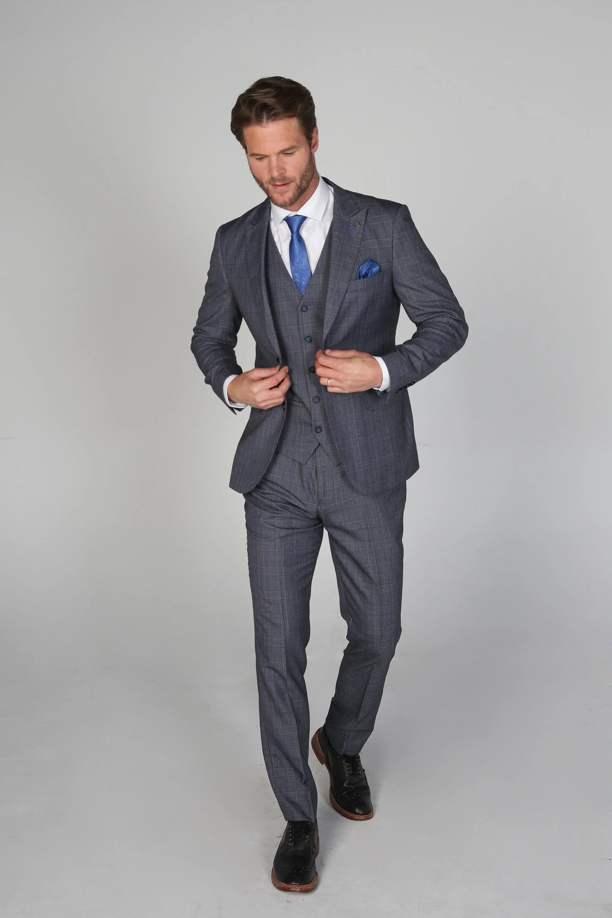 Men's Check Textured Tailored Fit Formal Trousers - HENRY - Grey Blue - Image 2