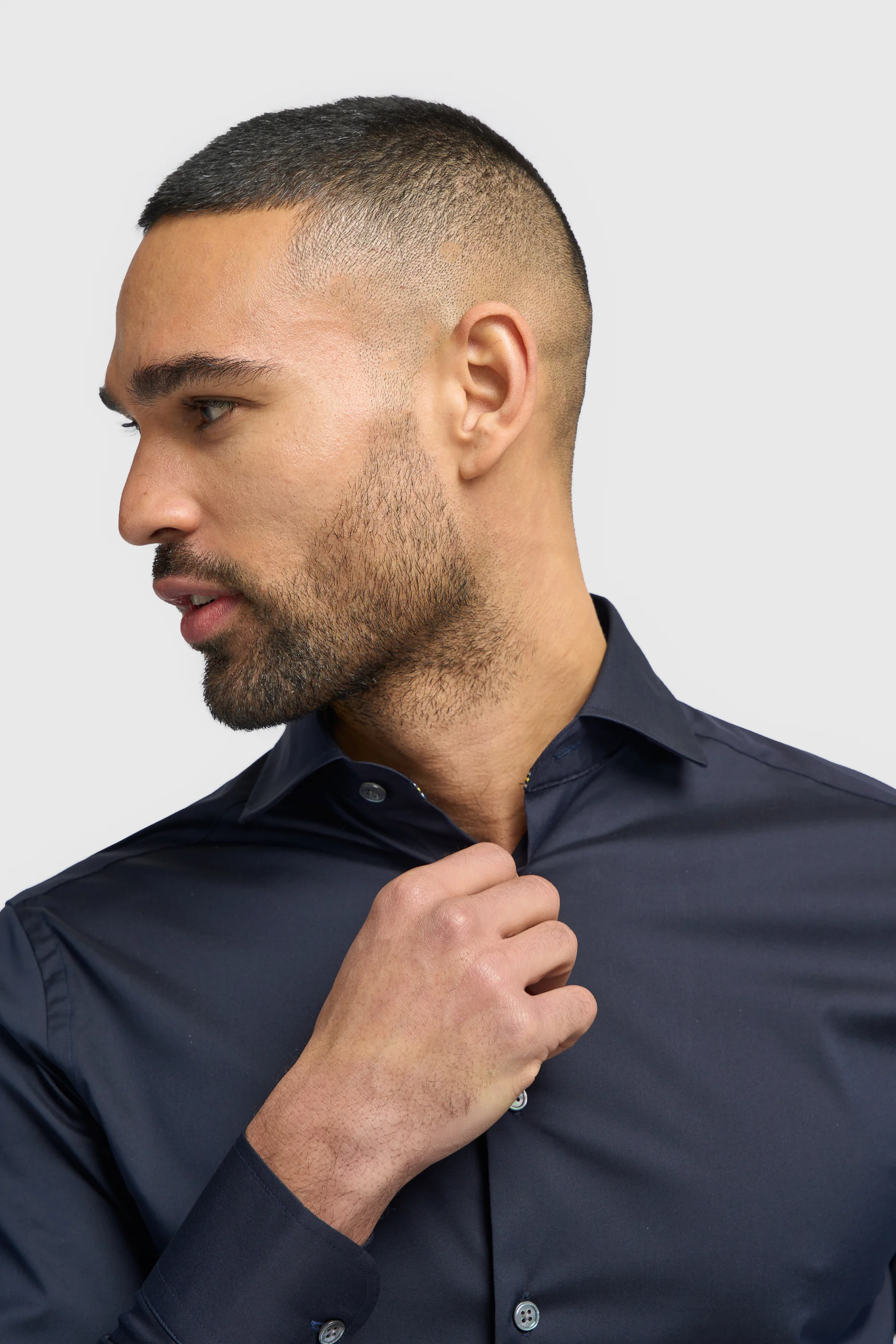 Men's Cotton Blend Slim Fit Dress Shirt - MONACO - Navy Blue - Image 4
