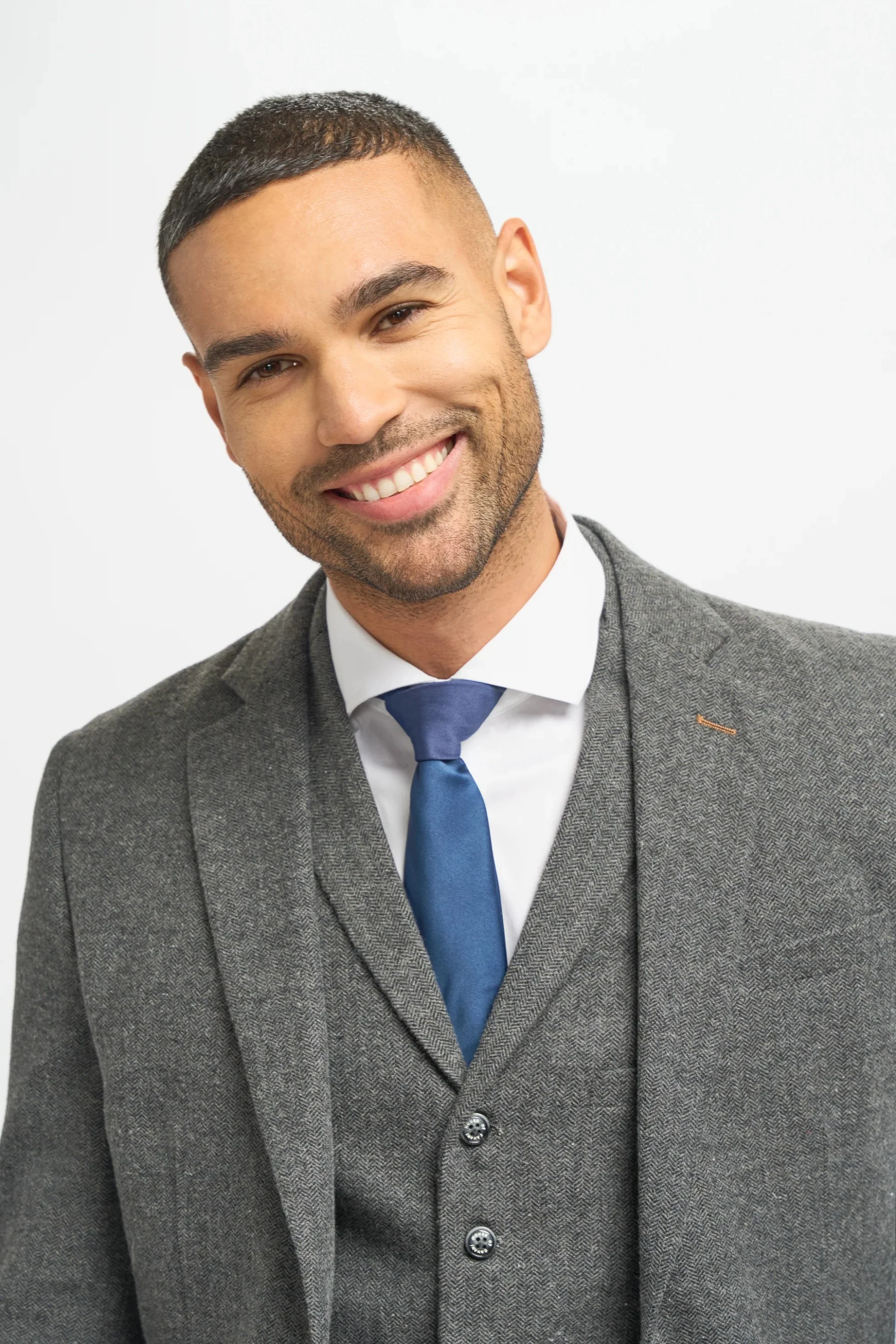 Men's Grey Herringbone Tweed Jacket and Waistcoat with Slim Fit Navy Blue Trousers - Grey - Navy Blue - Image 3