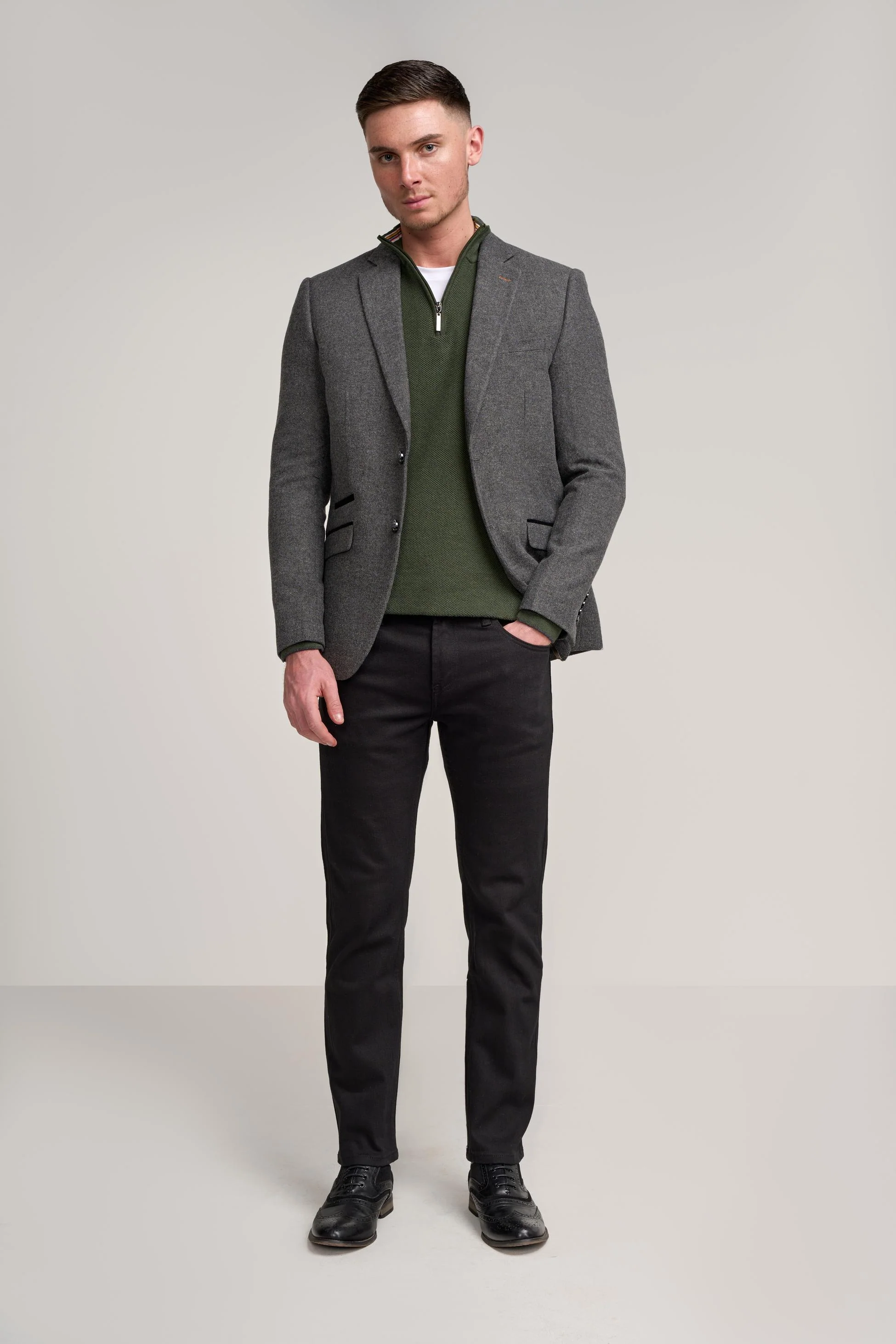 Men’s Grey Herringbone Tweed Suit Jacket - COSMO - Grey - Image 2
