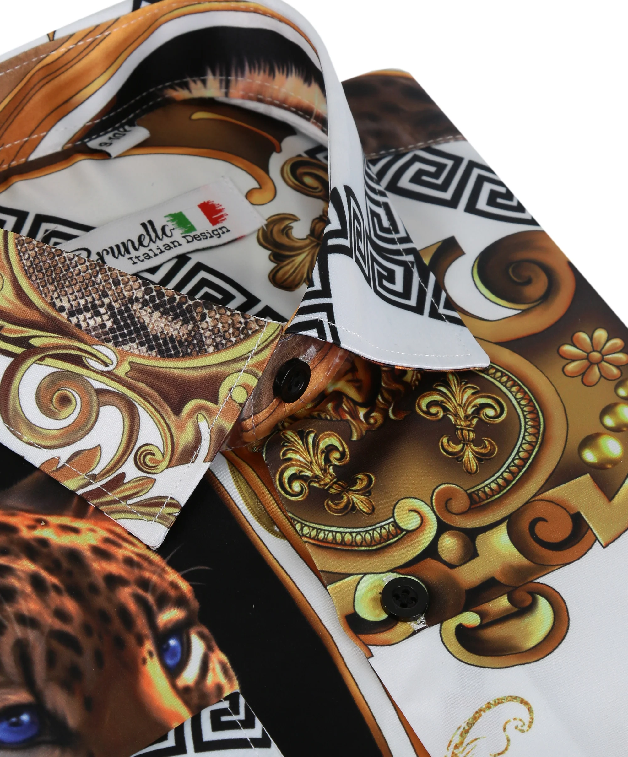 Men's Long Sleeve Printed Satin Shirt - White and Gold - Image 3
