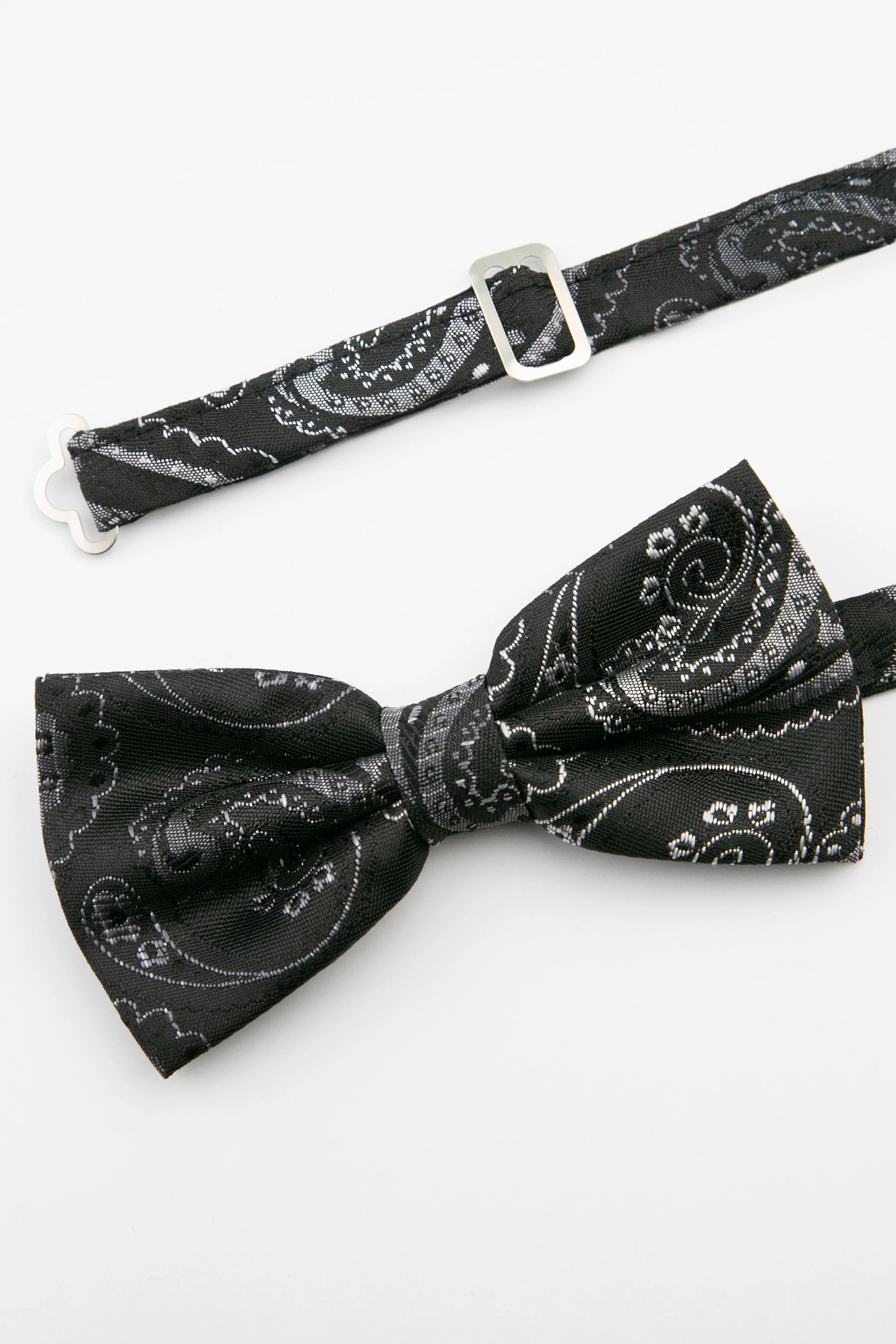 Men's Paisley Pre-Tied Dickie Bow Tie - Black and Silver - Image 2
