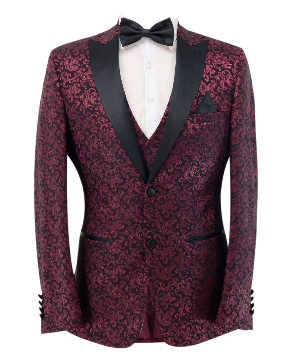 Men's Patterned Shimmer Tuxedo Suit - AARON - Burgundy - Image 11