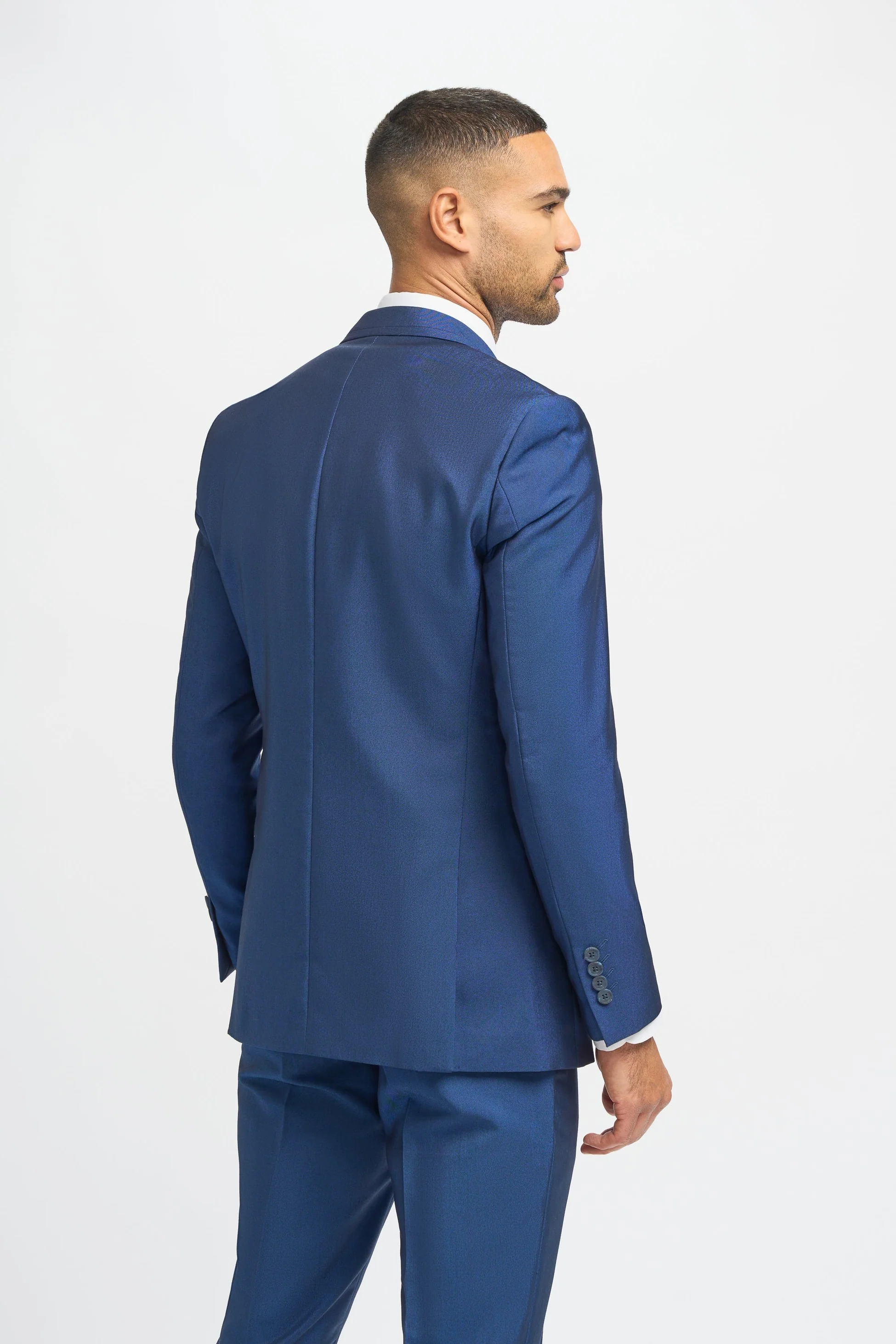 Men's Royal Blue Slim Fit 3-Piece Wedding Suit with Light Blue Tweed Waistcoat - Navy Blue - Image 3