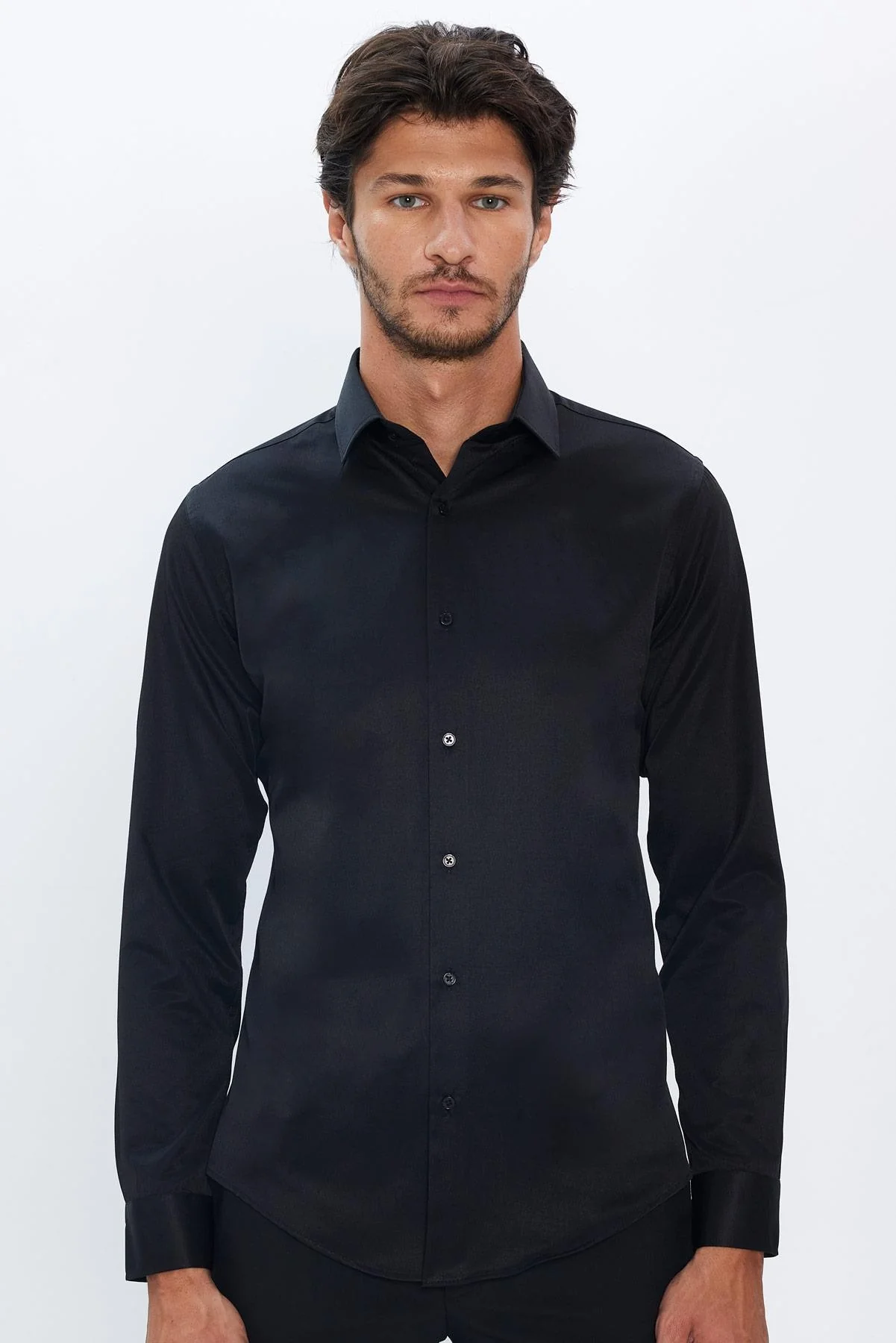 Men's Slim Fit Button-Down Cotton Blend Dress Shirt - Dimi Dotti - Black - Image 2