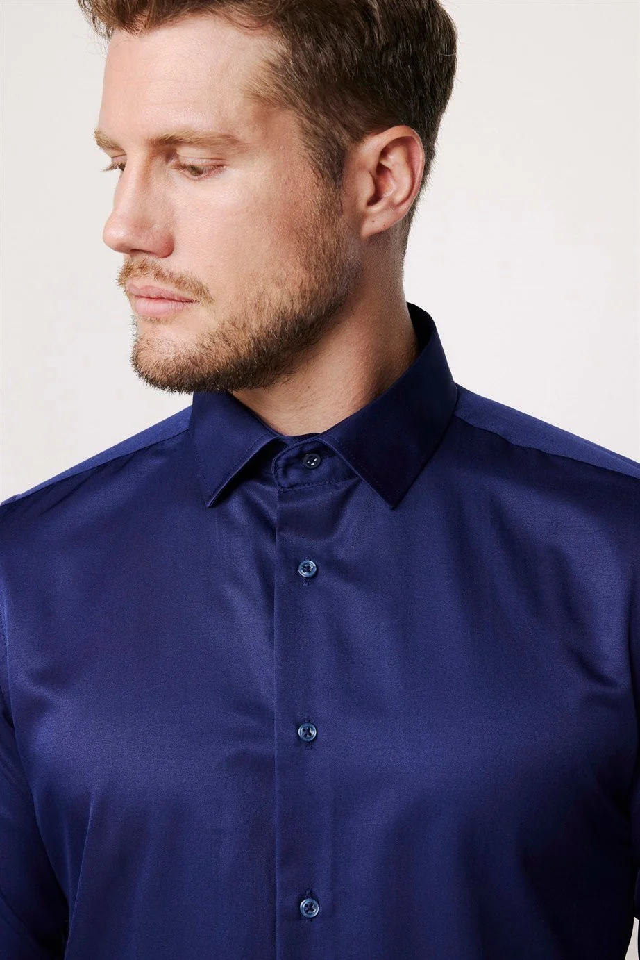 Men's Slim Fit Button-Down Cotton Blend Dress Shirt - Dimi Dotti - Night Blue - Image 4