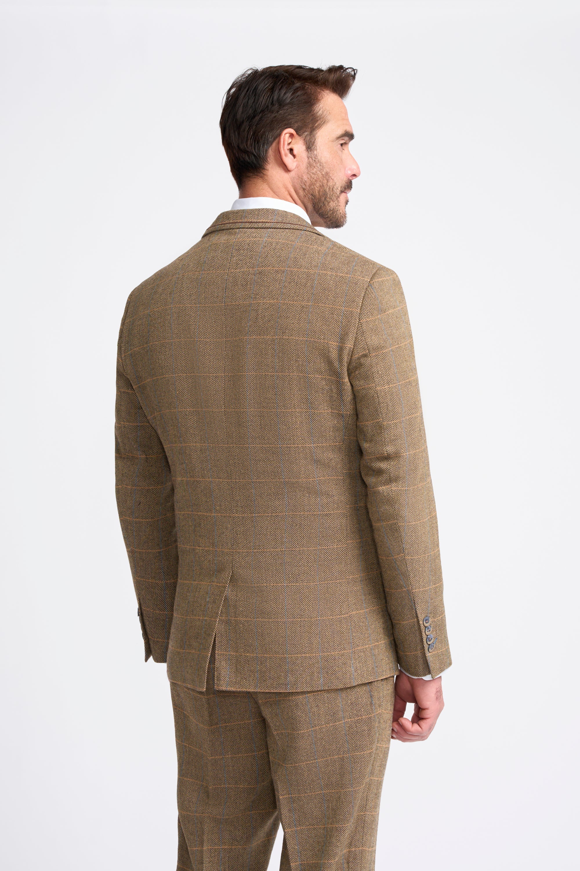 Men's Wool Blend Herringbone Check Suit Jacket - Albert - Tan Brown - Image 3