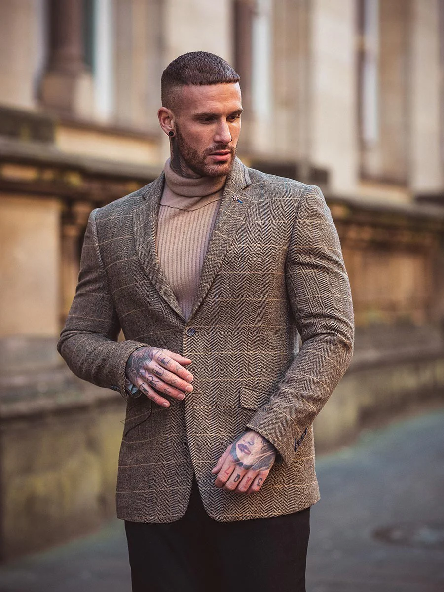Men's Wool Blend Herringbone Check Suit Jacket - Albert - Tan Brown - Image 8