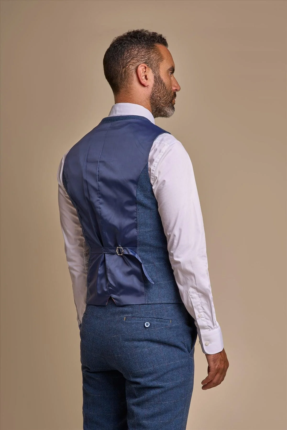 Men's Slim Fit Herringbone Tweed Suit Waistcoat - CARNEGI - Blue - Image 2