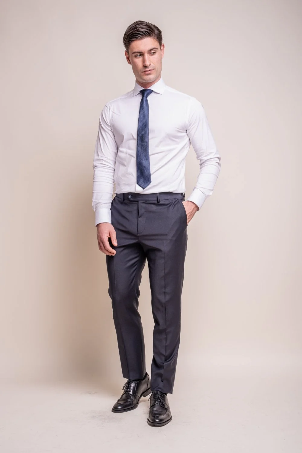 Men's Wool Blend Slim Fit Trousers - BOND - Midnight Blue - Image 2