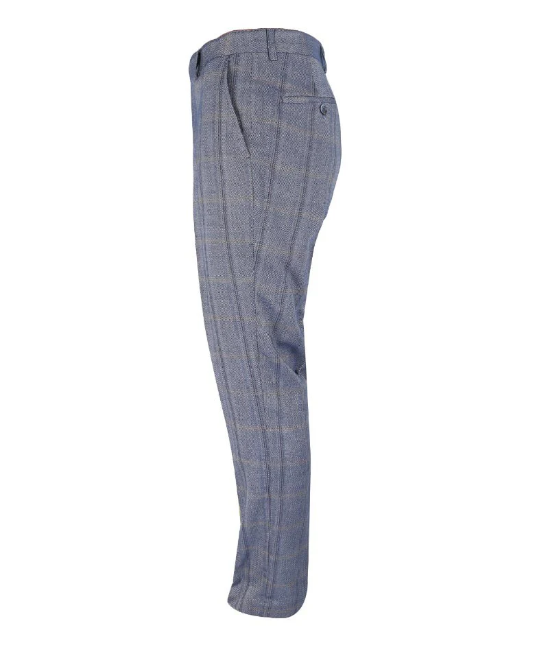 Men's Slim Fit Tweed Check Trousers- Connall Blue - Blue - Image 3