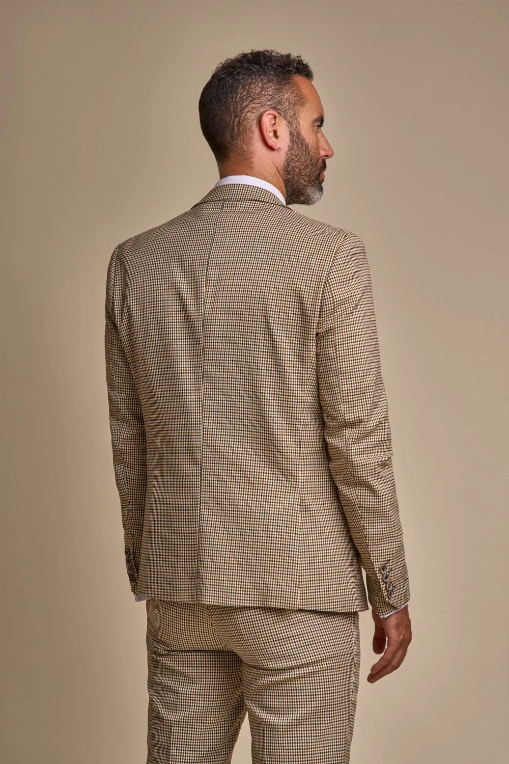 Men's Houndstooth Check Skinny Fit Suit - ELWOOD - Tan Beige - Image 3