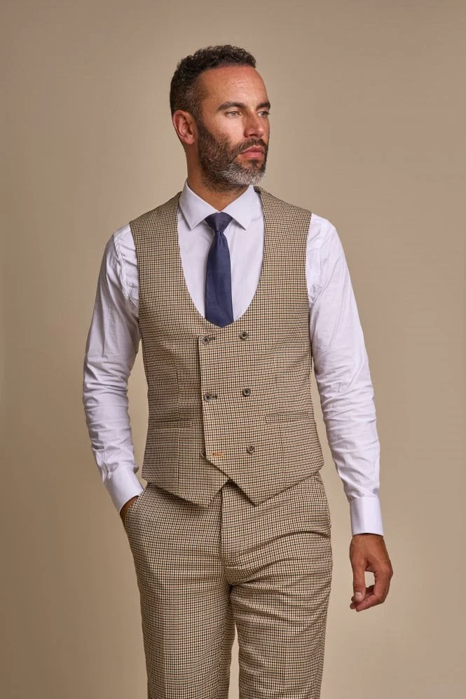 Men's Houndstooth Check Skinny Fit Suit - ELWOOD - Tan Beige - Image 4