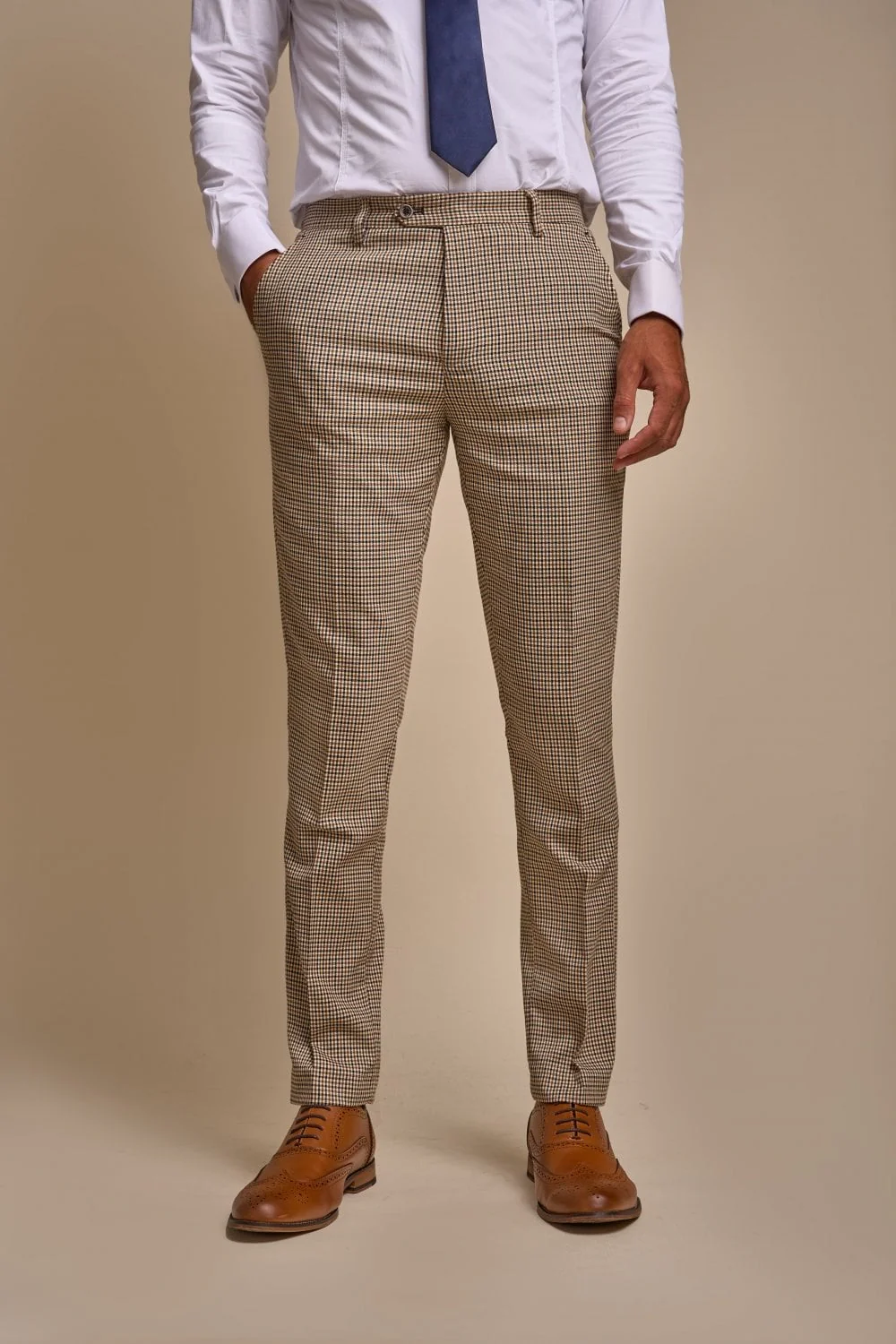 Men's Houndstooth Check Skinny Fit Suit - ELWOOD - Tan Beige - Image 6