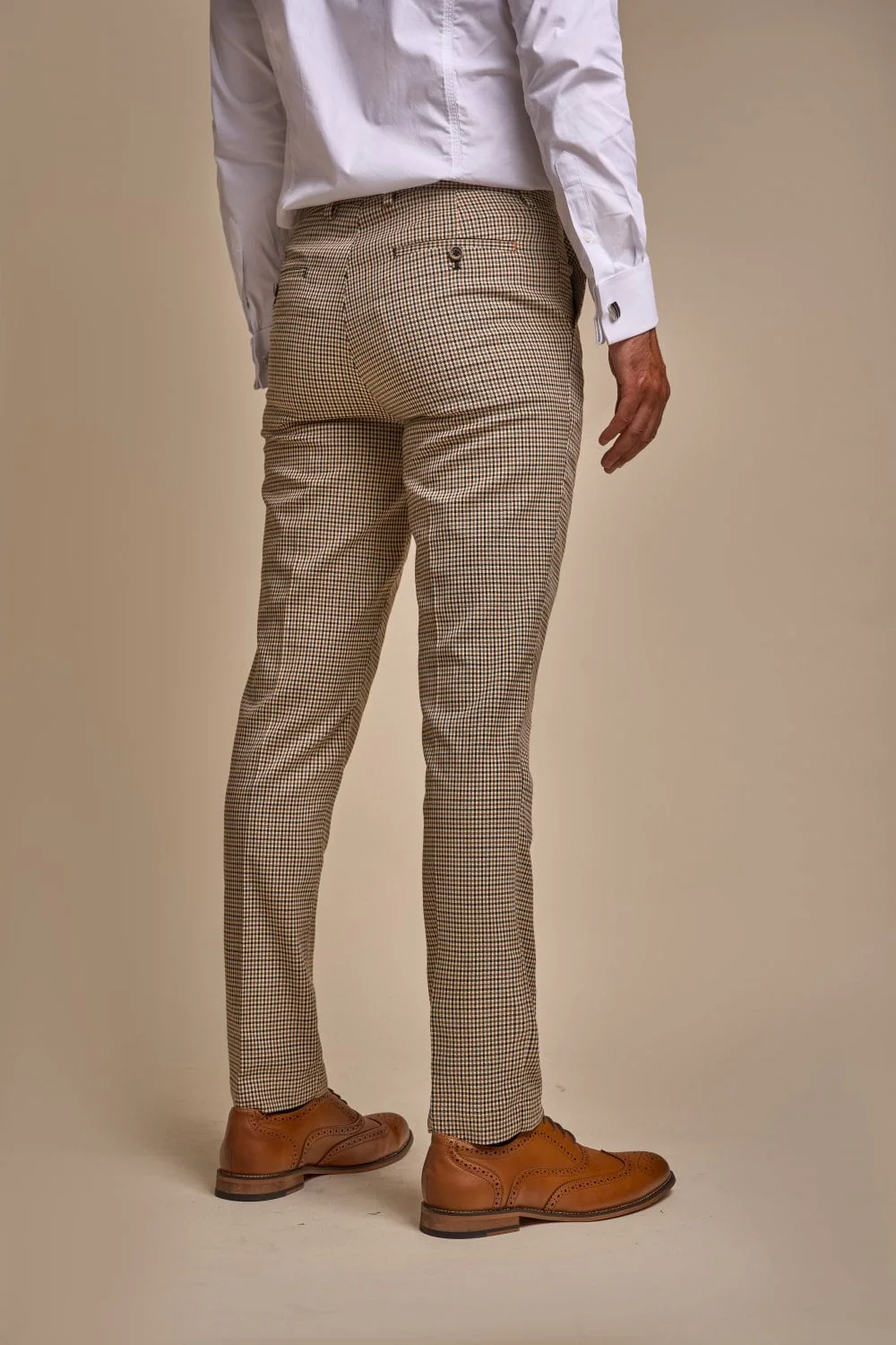 Men's Houndstooth Check Skinny Fit Suit - ELWOOD - Tan Beige - Image 7