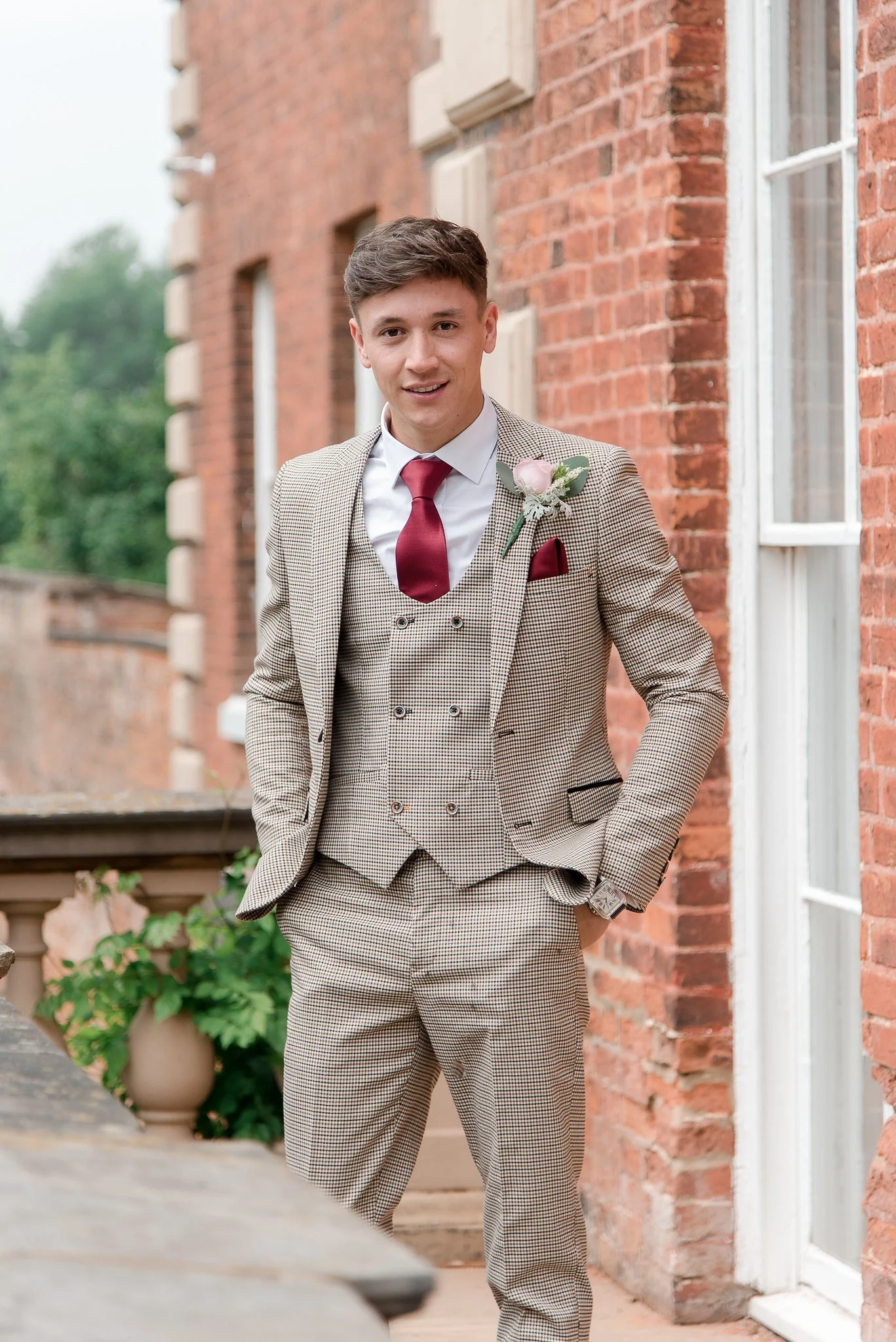 Men's Houndstooth Check Skinny Fit Suit - ELWOOD - Tan Beige - Image 8