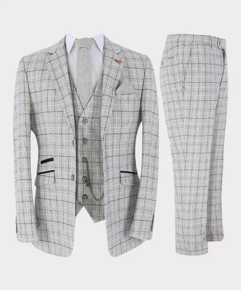 Men's Cody Ice 3 Pieces Suit Formal Tweed Windowpane Check Slim Fit Set - Ice Blue - Image 3