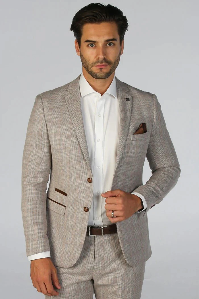 Men's Tailored Fit Check 2PC Suit - LEO - Beige