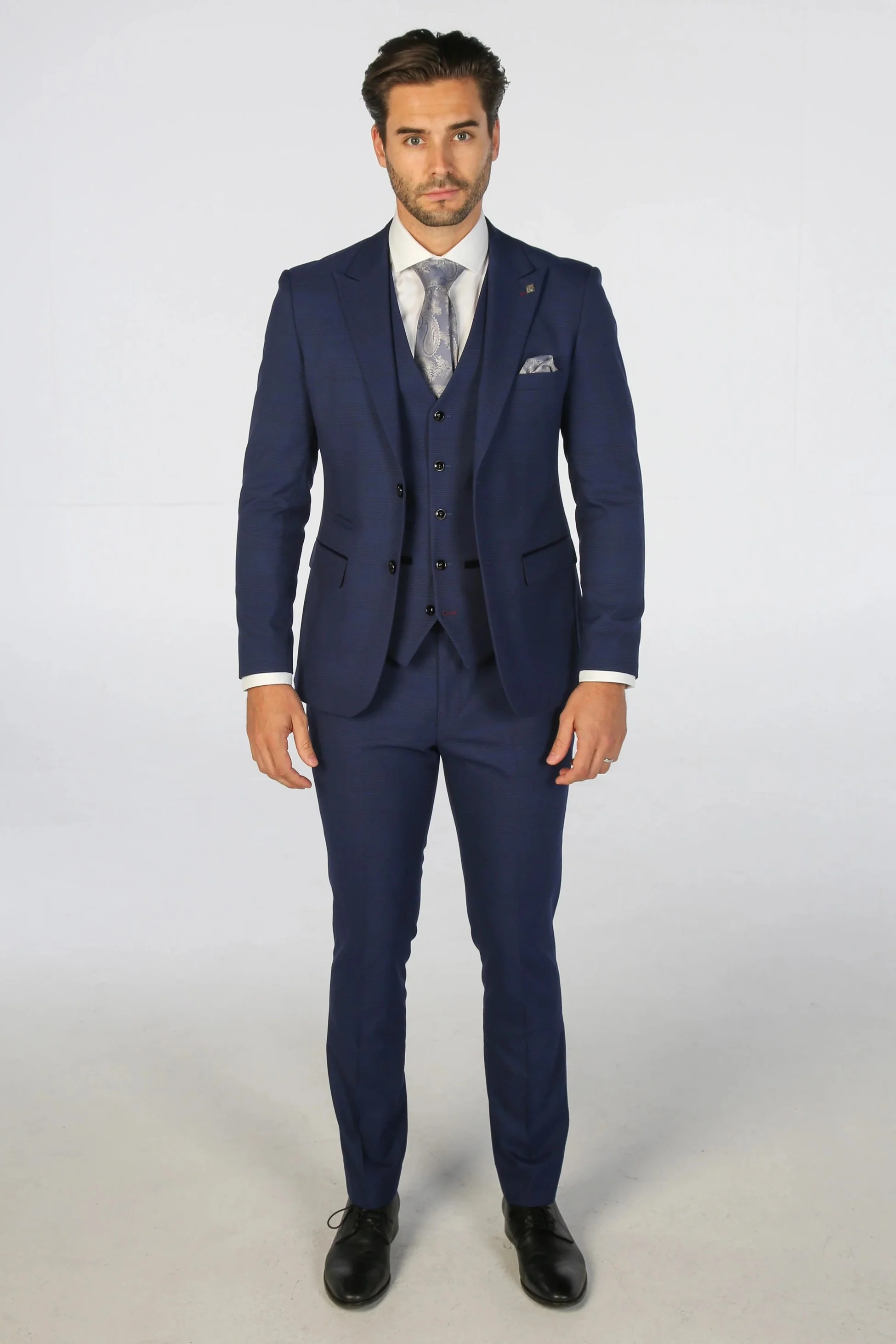 Men's Tailored Fit Navy Blue Check Suit - MARK - Navy Blue - Image 2