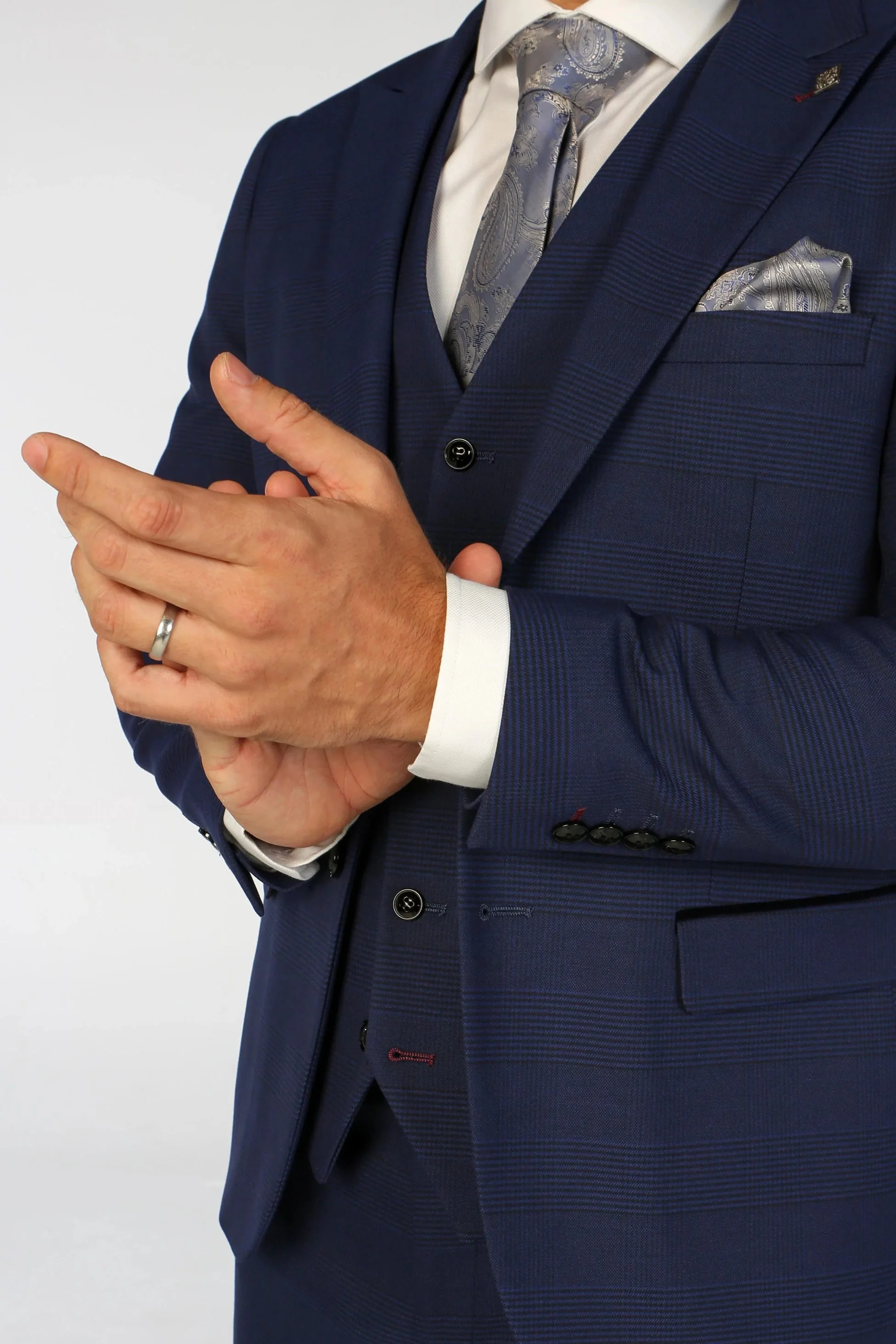Men's Tailored Fit Navy Blue Check Suit - MARK - Navy Blue - Image 4