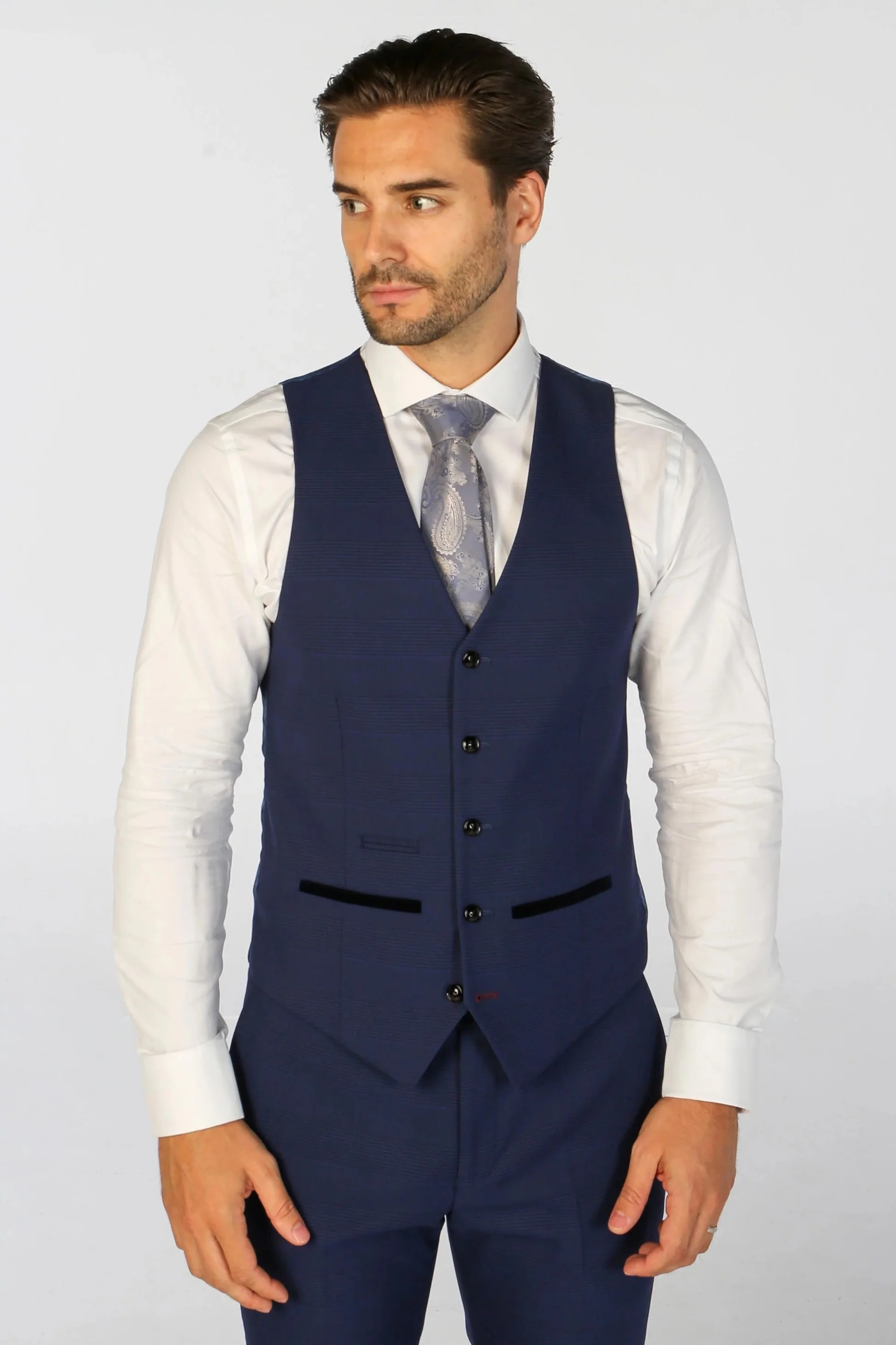 Men's Tailored Fit Navy Blue Check Suit - MARK - Navy Blue - Image 6