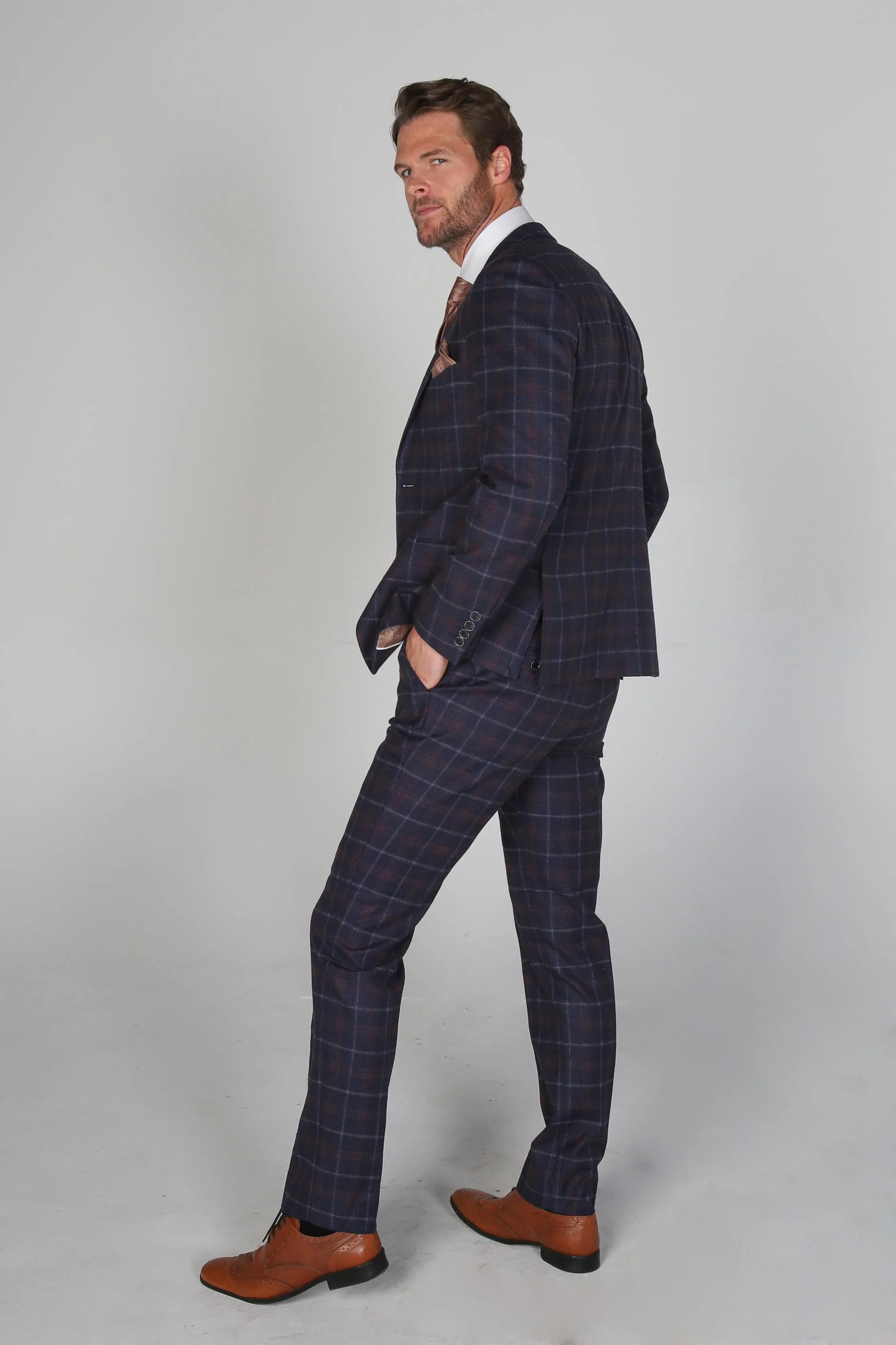 Men's Tailored Fit Retro Check Suit - KENNETH - Navy Blue - Maroon - Image 3