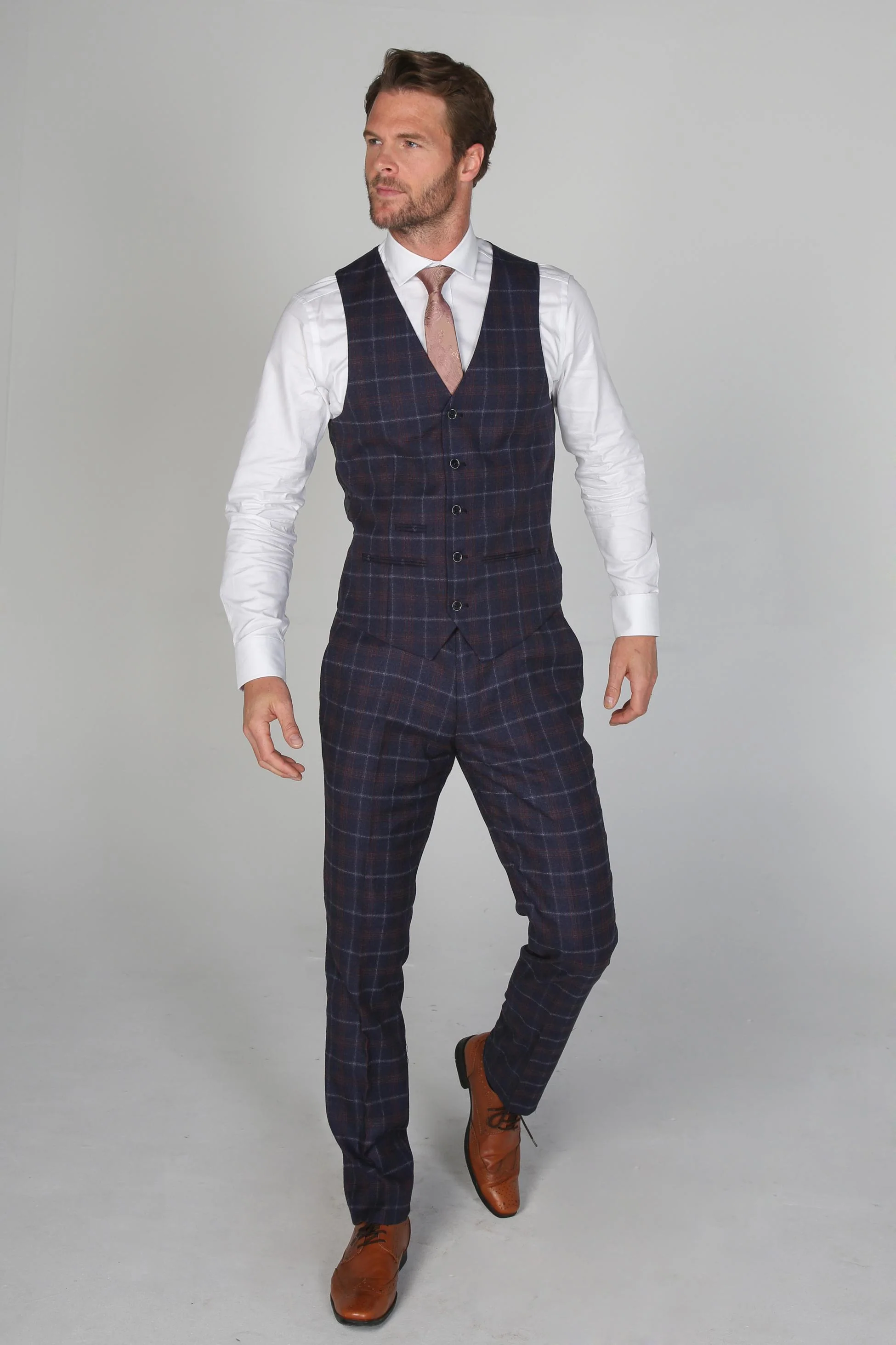 Men's Tailored Fit Retro Check Suit - KENNETH - Navy Blue - Maroon - Image 6