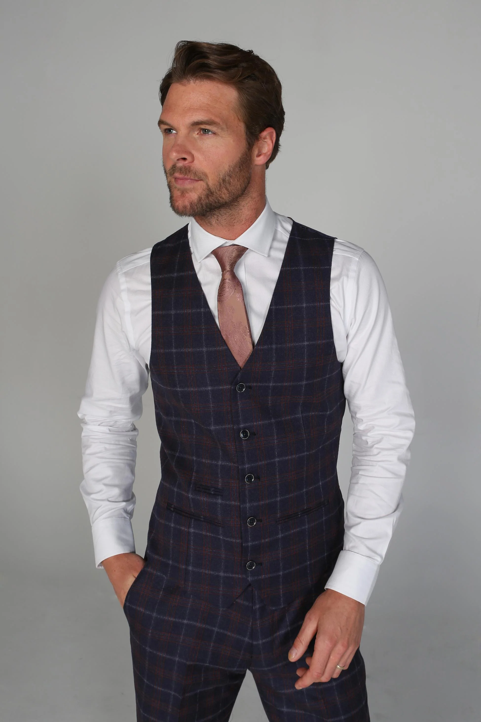 Men's Tailored Fit Retro Check Suit - KENNETH - Navy Blue - Maroon - Image 7
