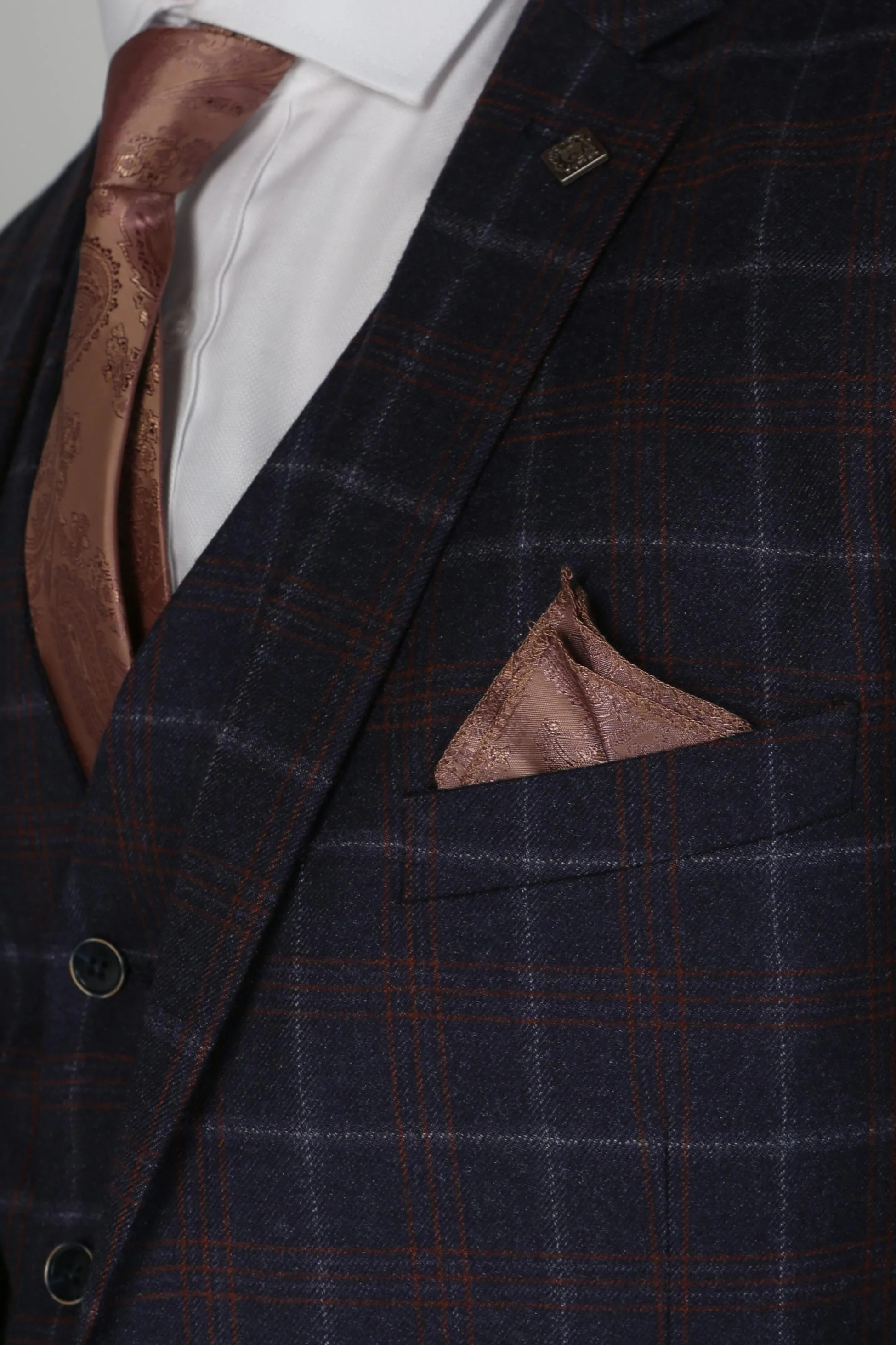 Men's Tailored Fit Retro Check Suit - KENNETH - Navy Blue - Maroon - Image 9