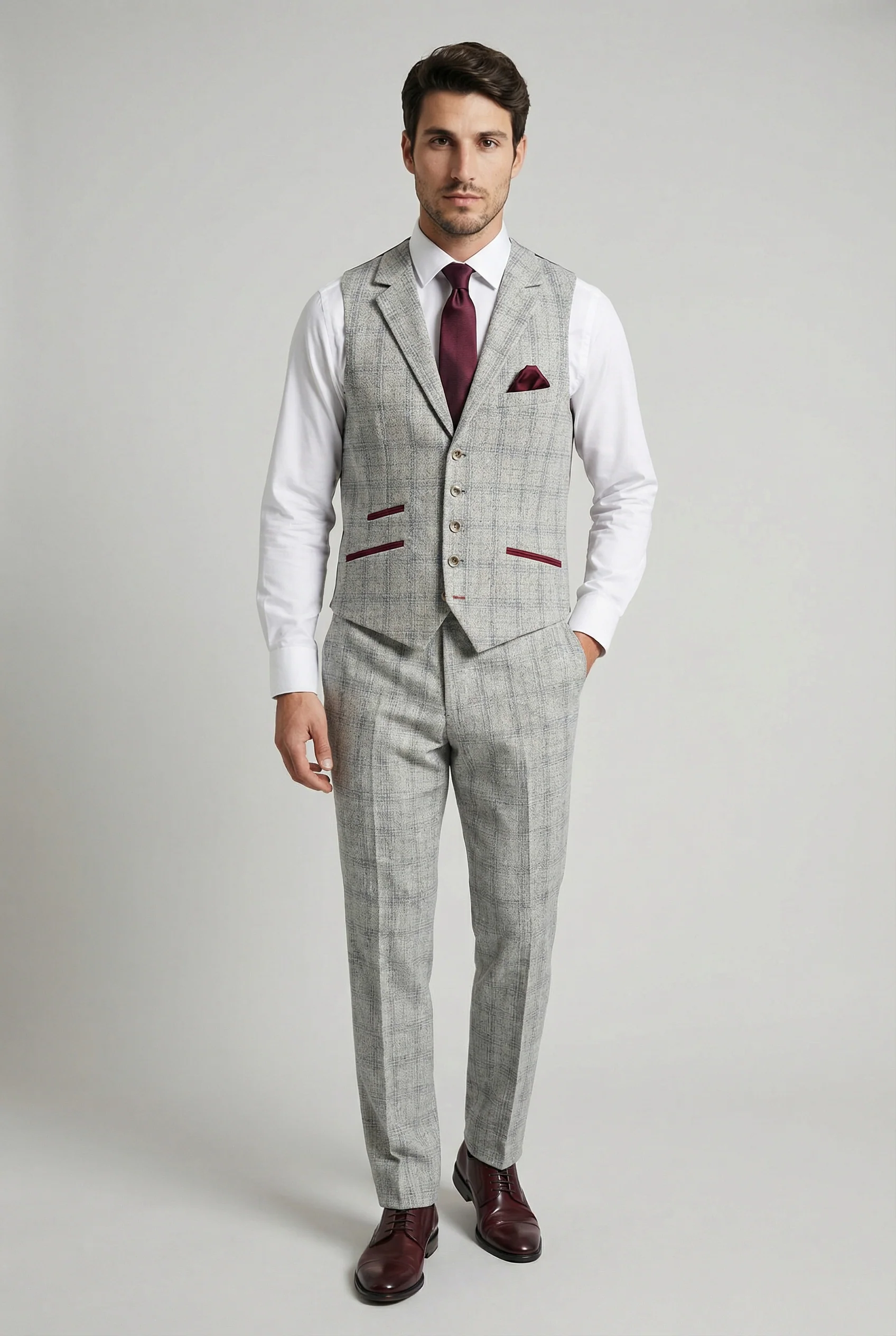 Men's Tweed Check Slim Fit Grey Waistcoat - ANDREW - Grey - Image 4