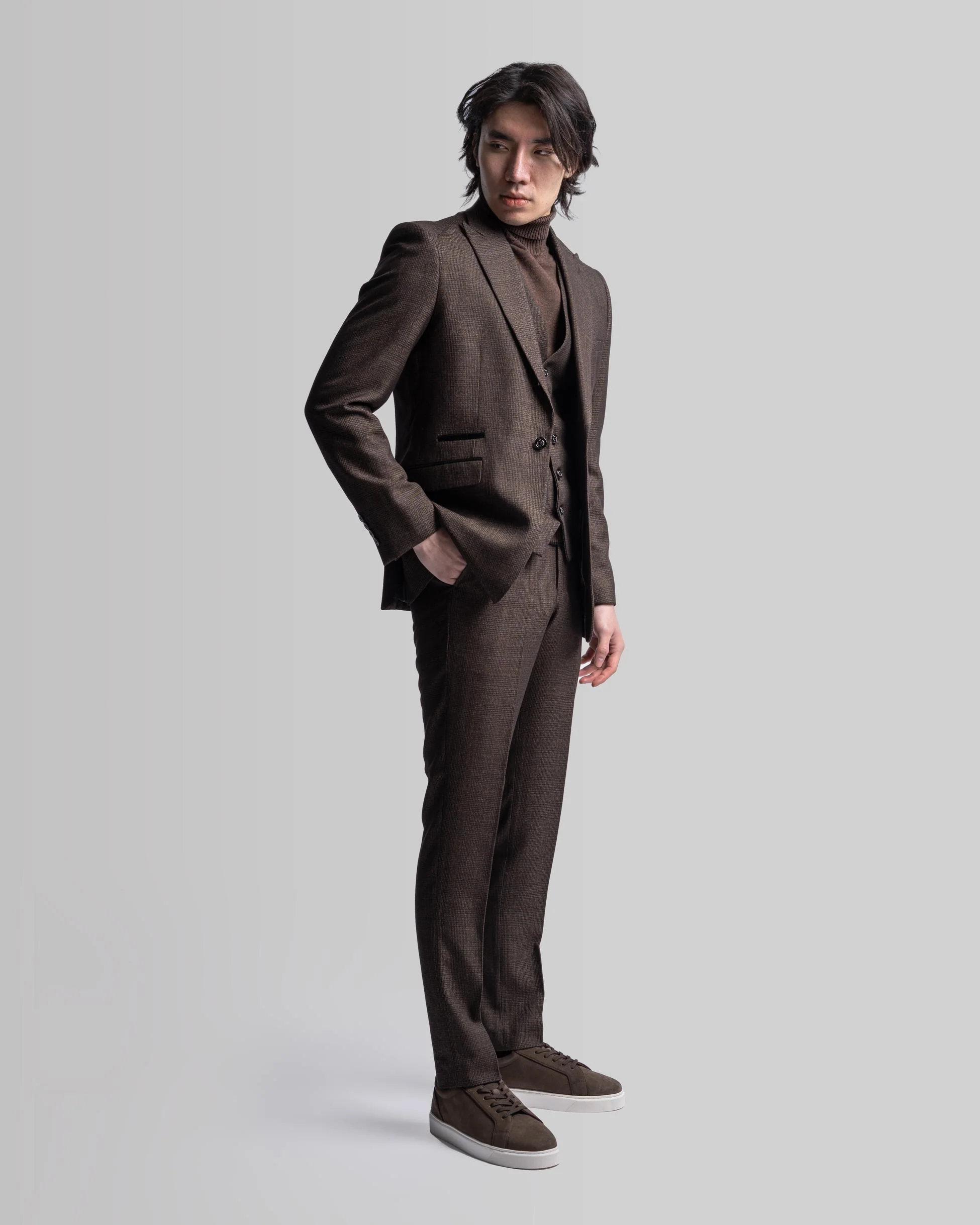 Men's Tweed Glen Check Slim Fit Suit Jacket - CARIDI - Brown - Image 3