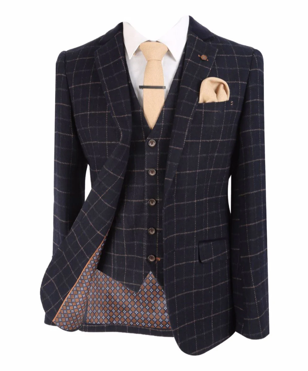 Men's Tweed Check Slim Fit Navy Suit Jacket- SHELBY - Navy Blue - Image 3