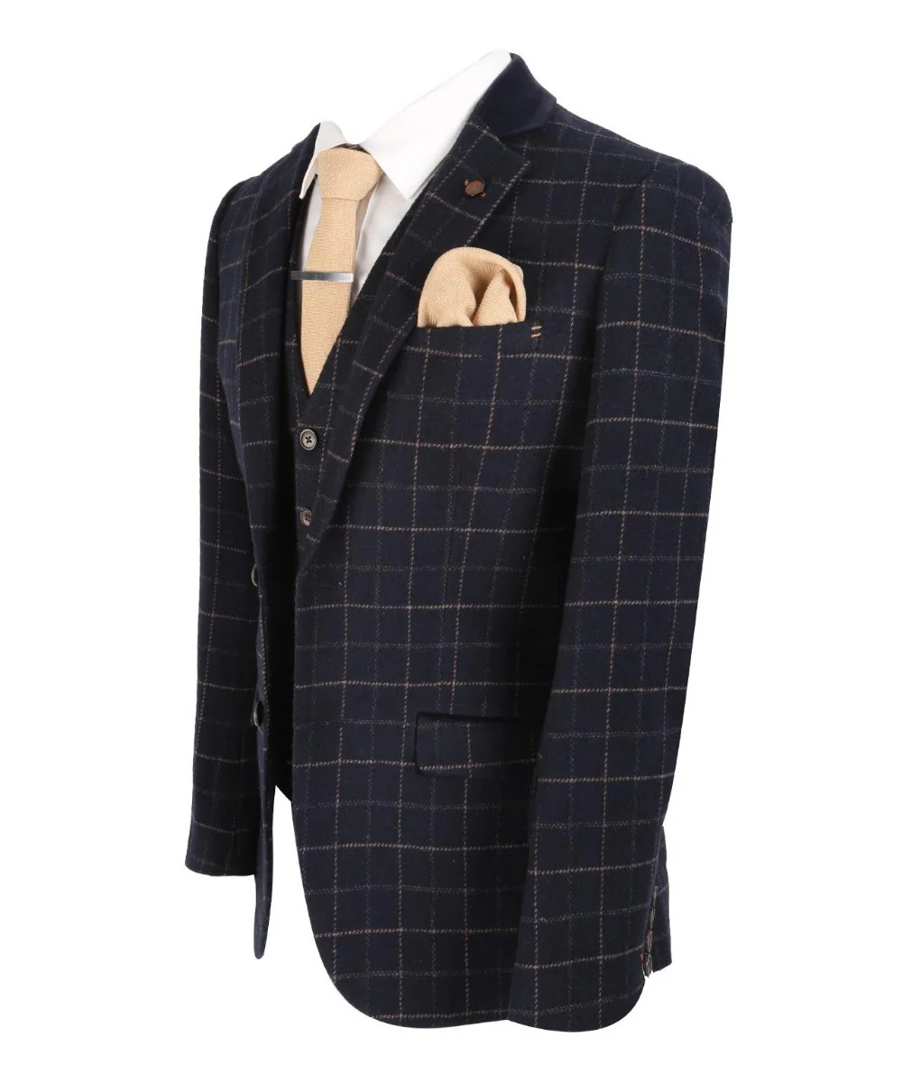 Men's Tweed Check Slim Fit Navy Suit Jacket- SHELBY - Navy Blue - Image 4