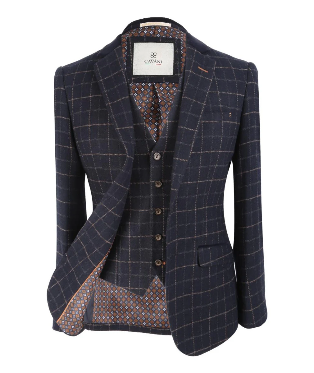 Men's Tweed Check Slim Fit Navy Suit Jacket- SHELBY - Navy Blue - Image 5