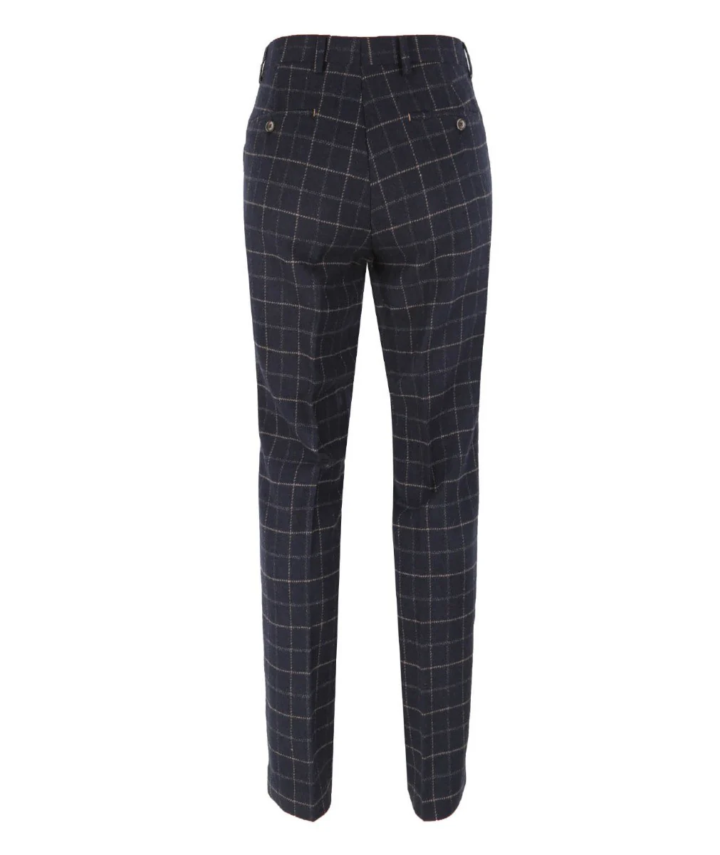 Men's Tweed Check Slim Fit Navy Trousers - SHELBY - Navy Blue - Image 3