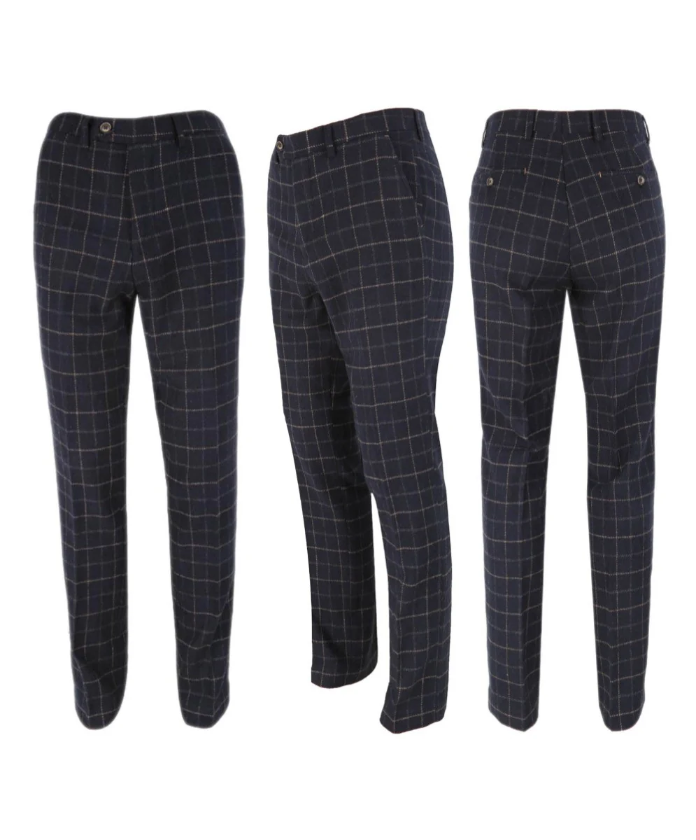 Men's Tweed Check Slim Fit Navy Trousers - SHELBY - Navy Blue - Image 4