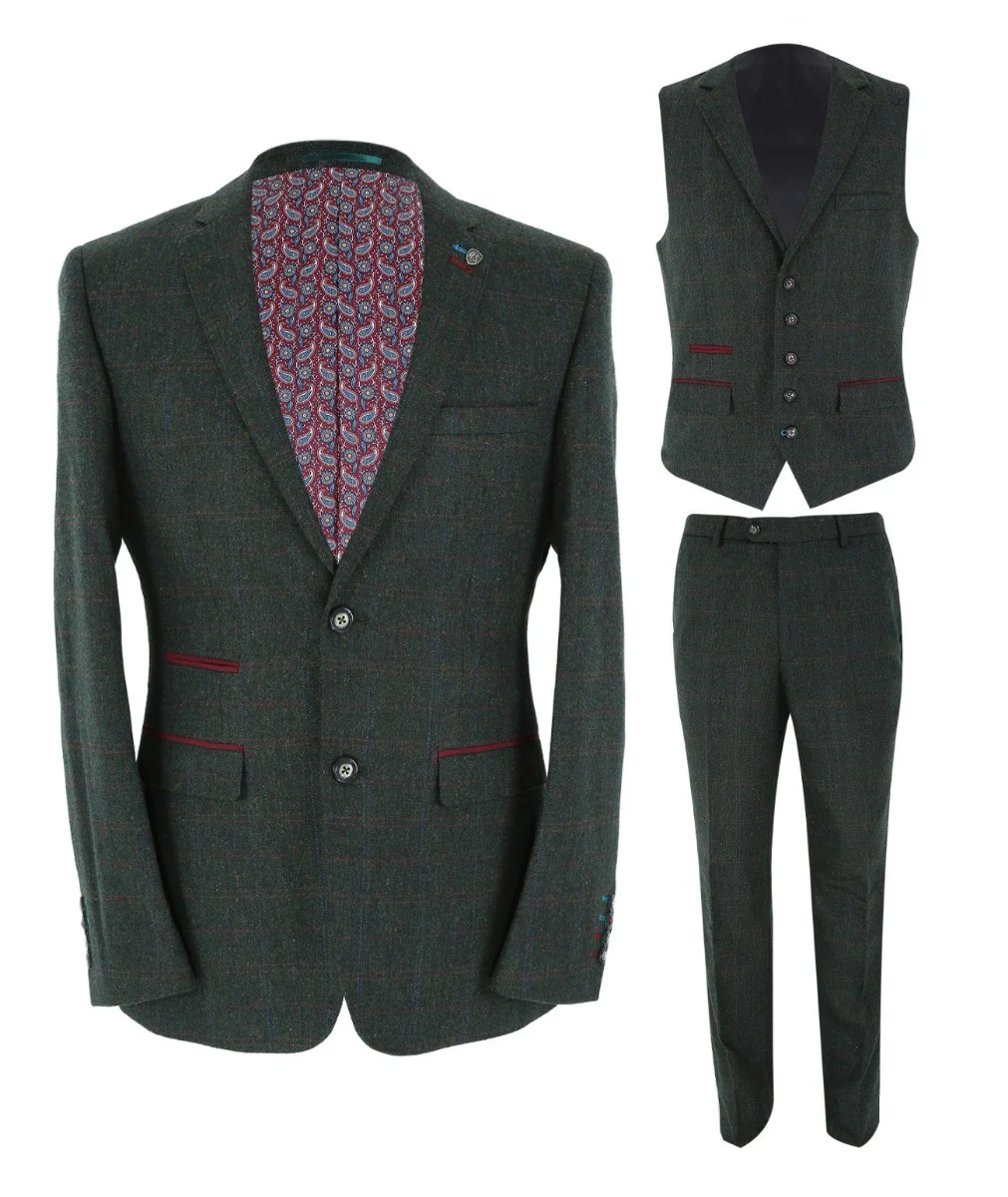 Men's Tweed Check Tailored Fit Suit - JOSHUA - Dark Green - Image 11