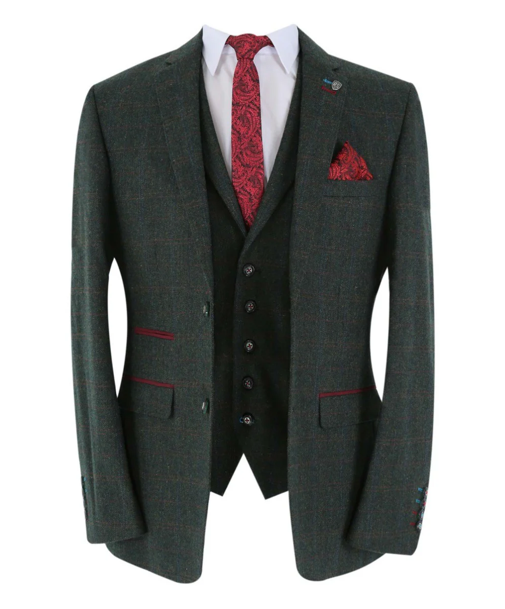 Men's Tweed Check Tailored Fit Suit - JOSHUA - Dark Green - Image 4