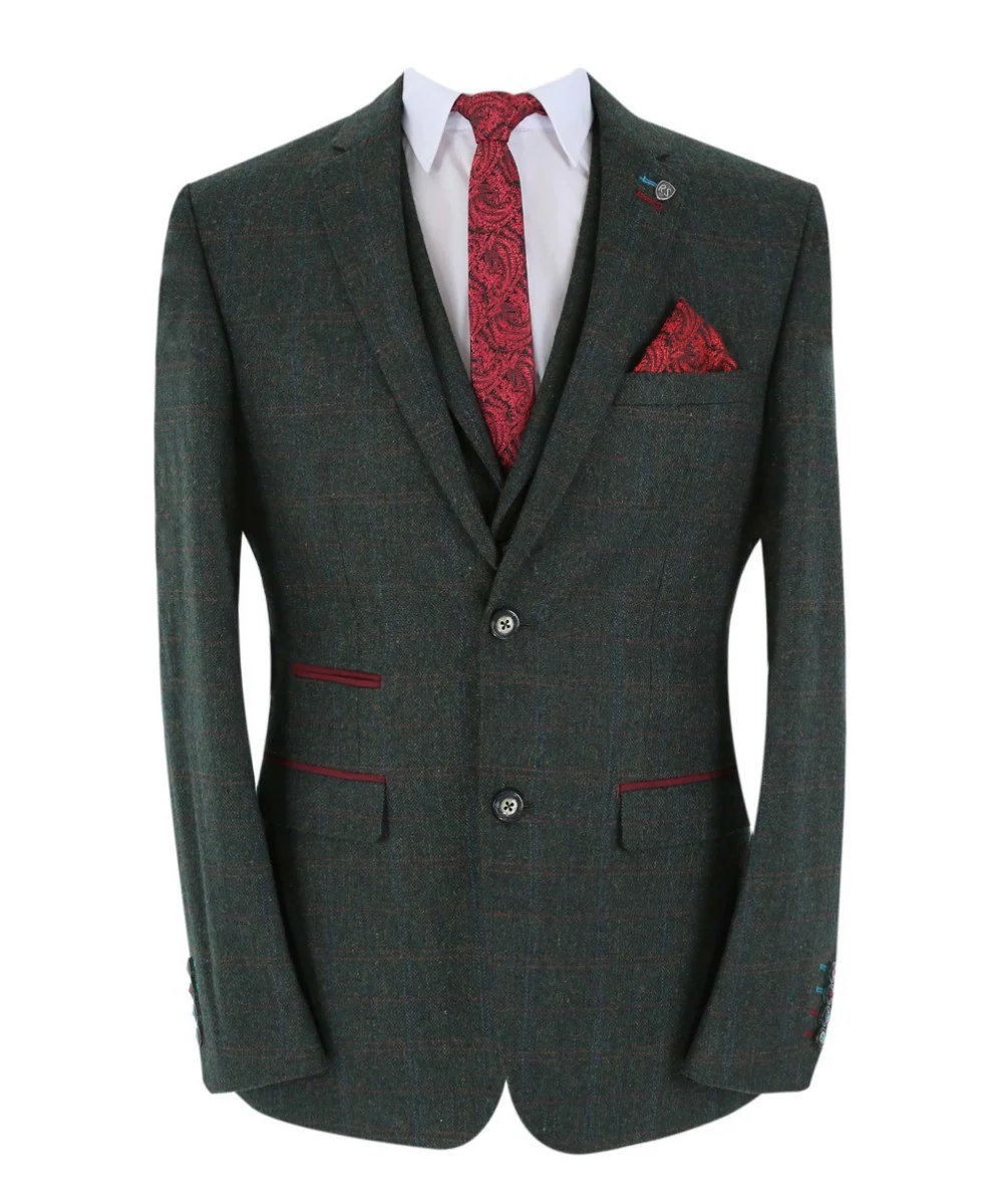 Men's Tweed Check Tailored Fit Suit - JOSHUA - Dark Green - Image 5