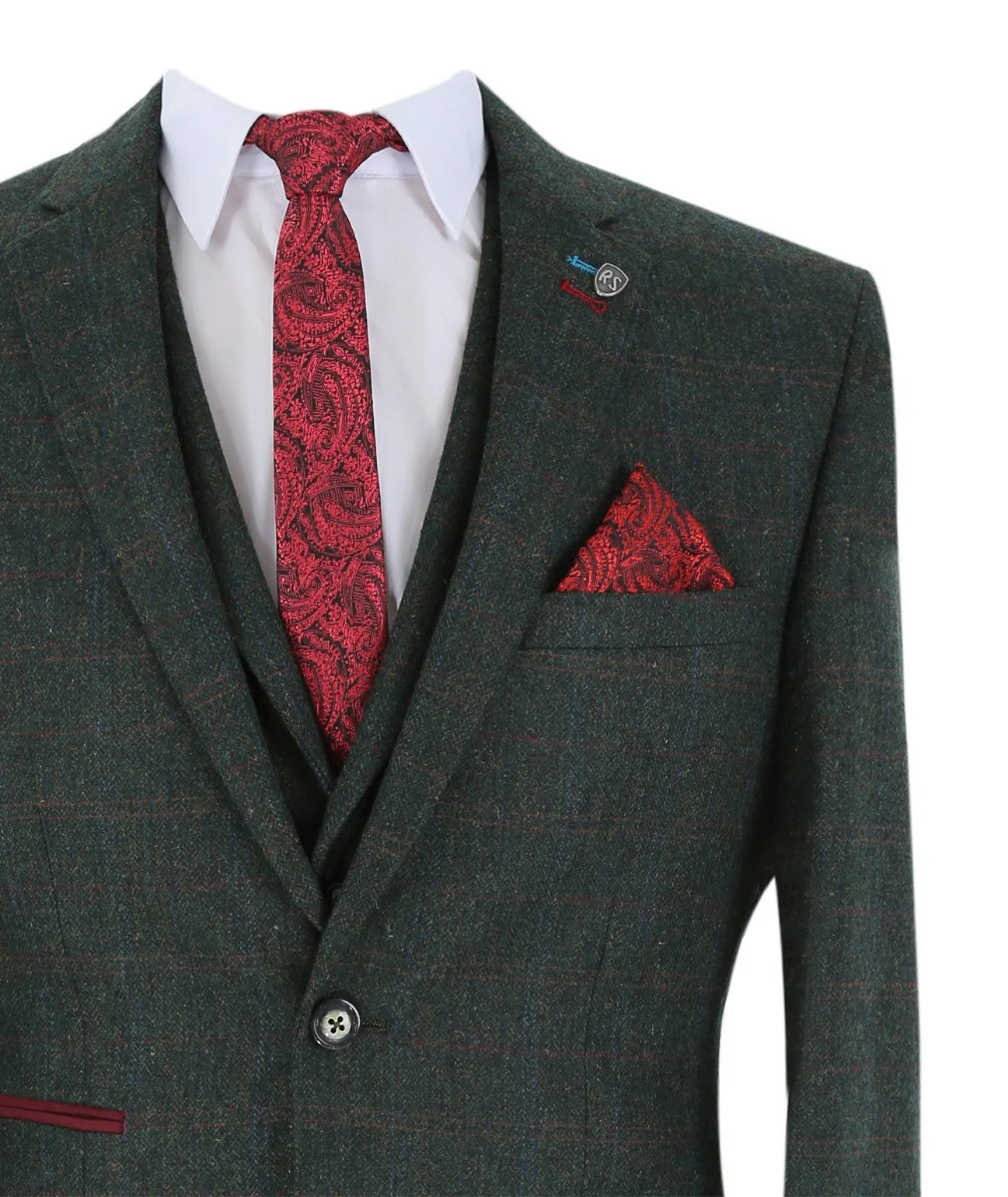 Men's Tweed Check Tailored Fit Suit - JOSHUA - Dark Green - Image 6