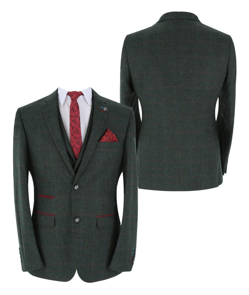 Men's Tweed Check Tailored Fit Suit - JOSHUA - Dark Green - Image 7