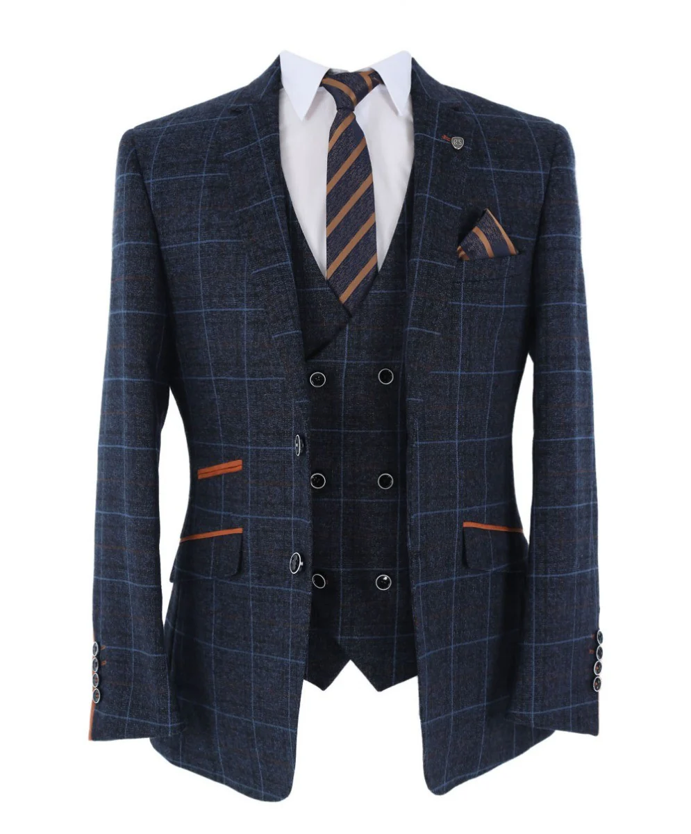 Men's Tailored Fit Retro Check Suit - ANTHONY - Navy Blue - Image 11